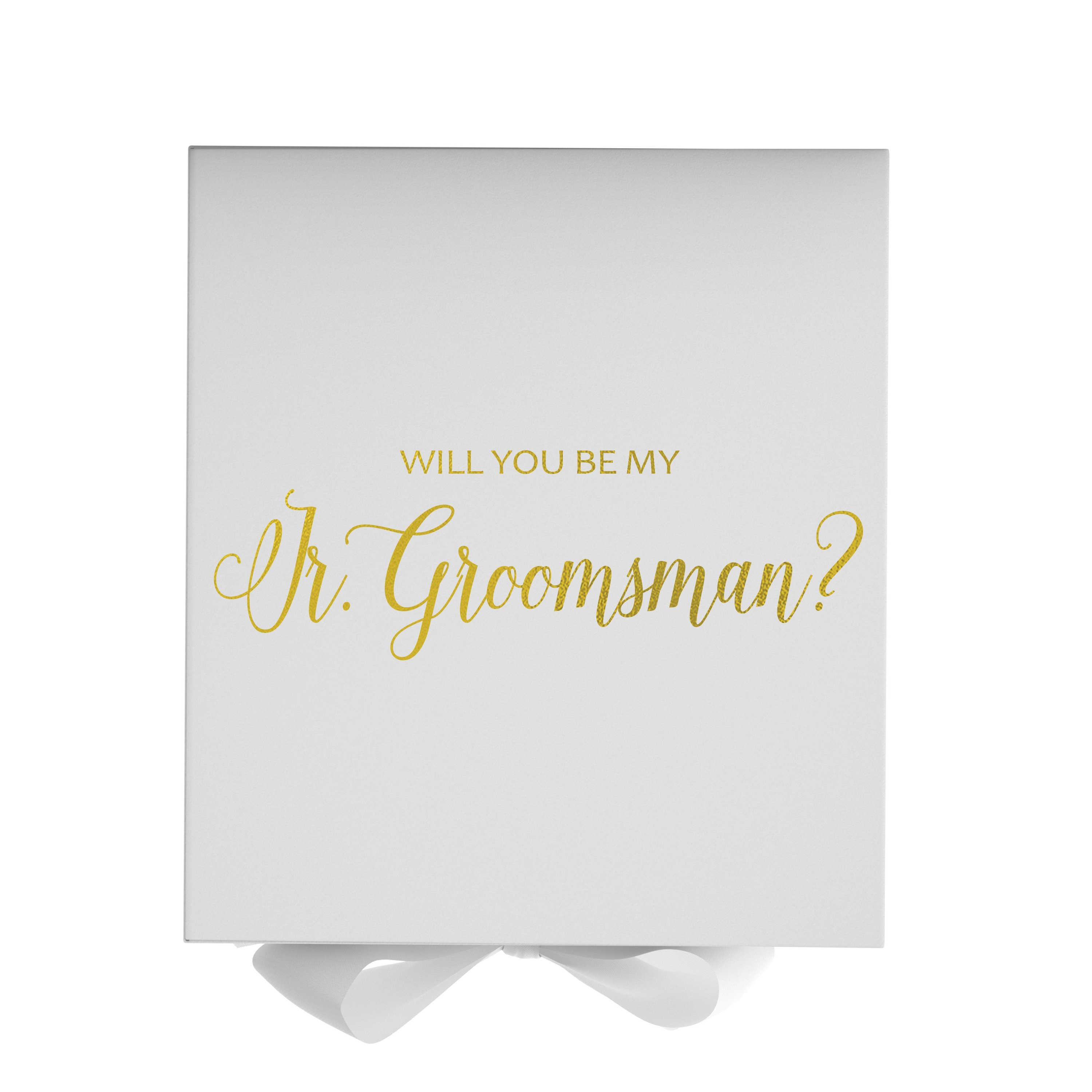 Elegant white proposal box with metallic writing for junior groomsman invitation, featuring a white bow and no border design.