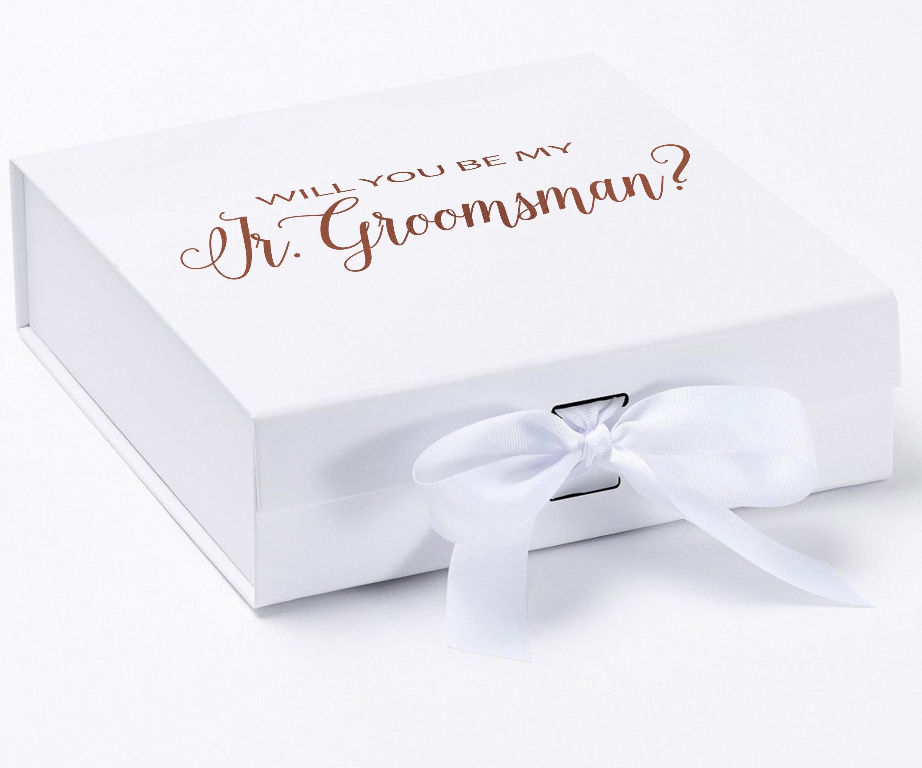 Elegant white proposal box with metallic writing for junior groomsman invitation, featuring a white bow and no border design.