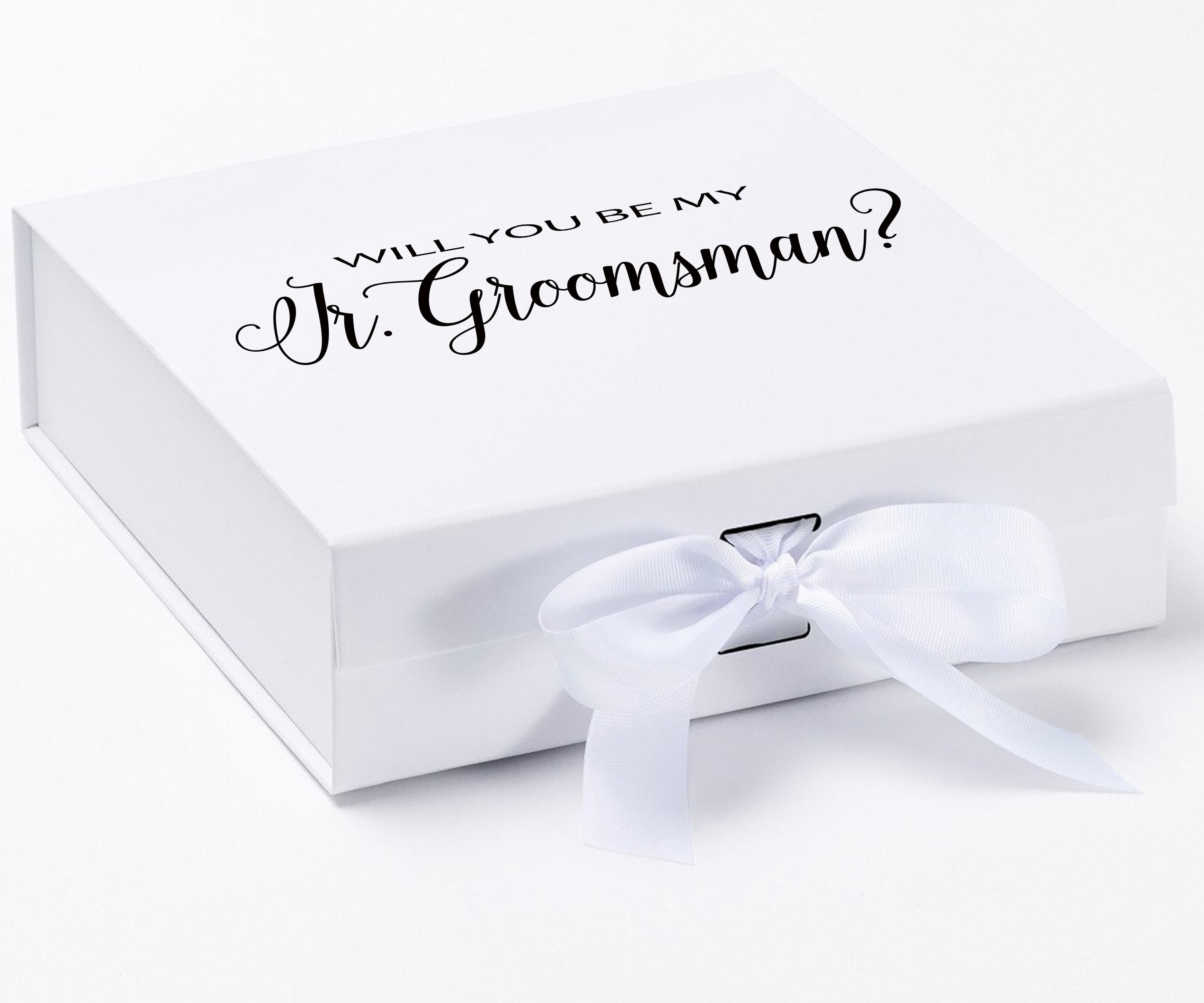 Elegant white proposal box with metallic writing for junior groomsman invitation, featuring a white bow and no border design.