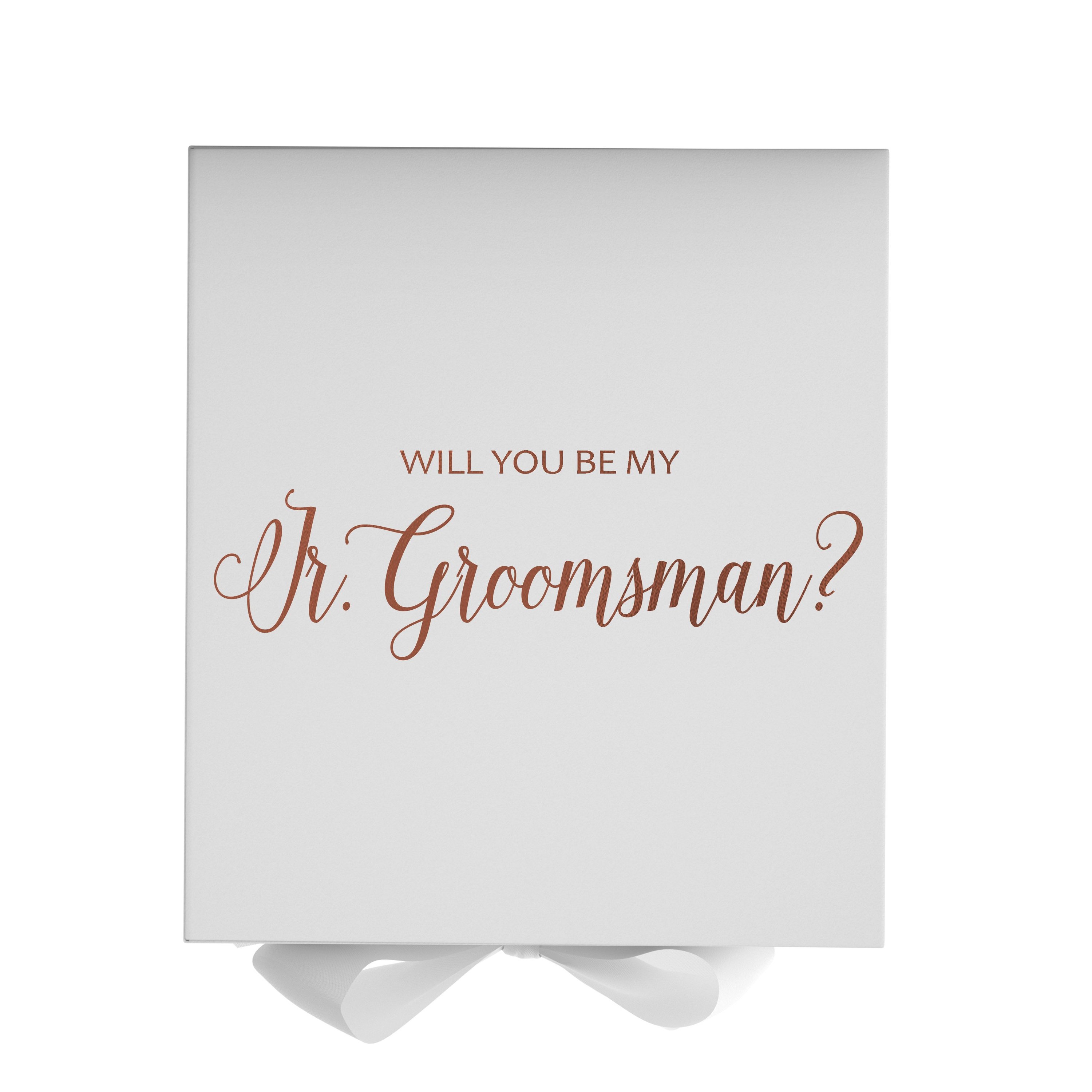 Elegant white proposal box with metallic writing for junior groomsman invitation, featuring a white bow and no border design.