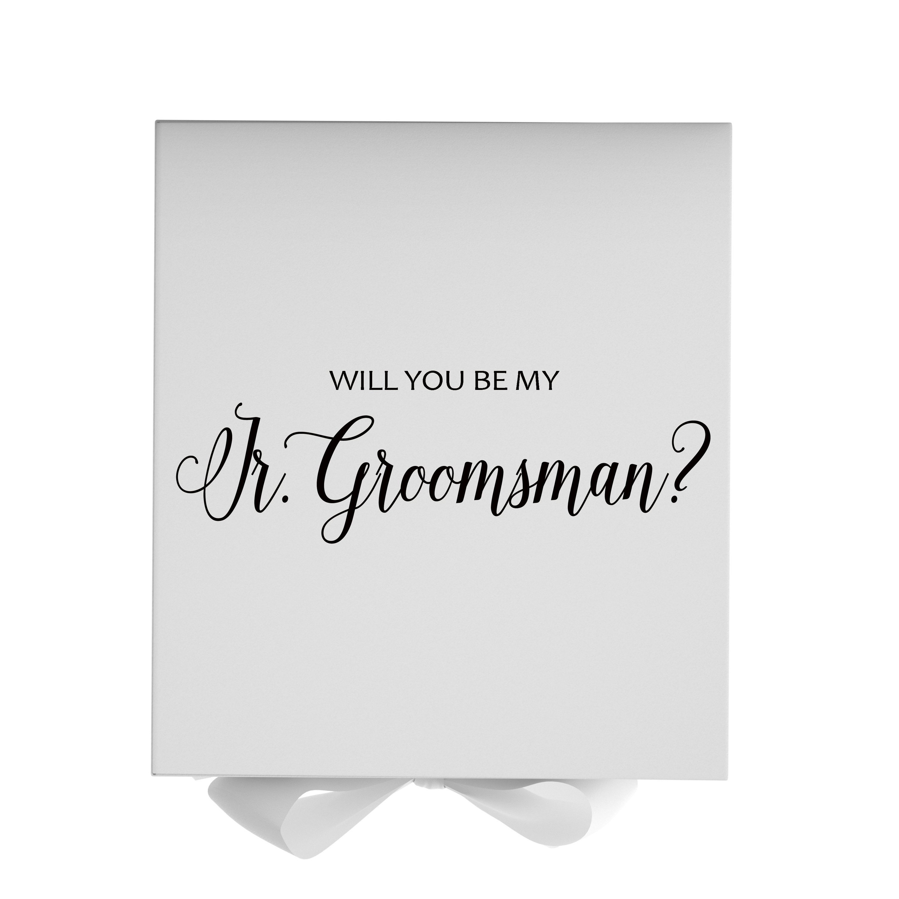 Elegant white proposal box with metallic writing for junior groomsman invitation, featuring a white bow and no border design.