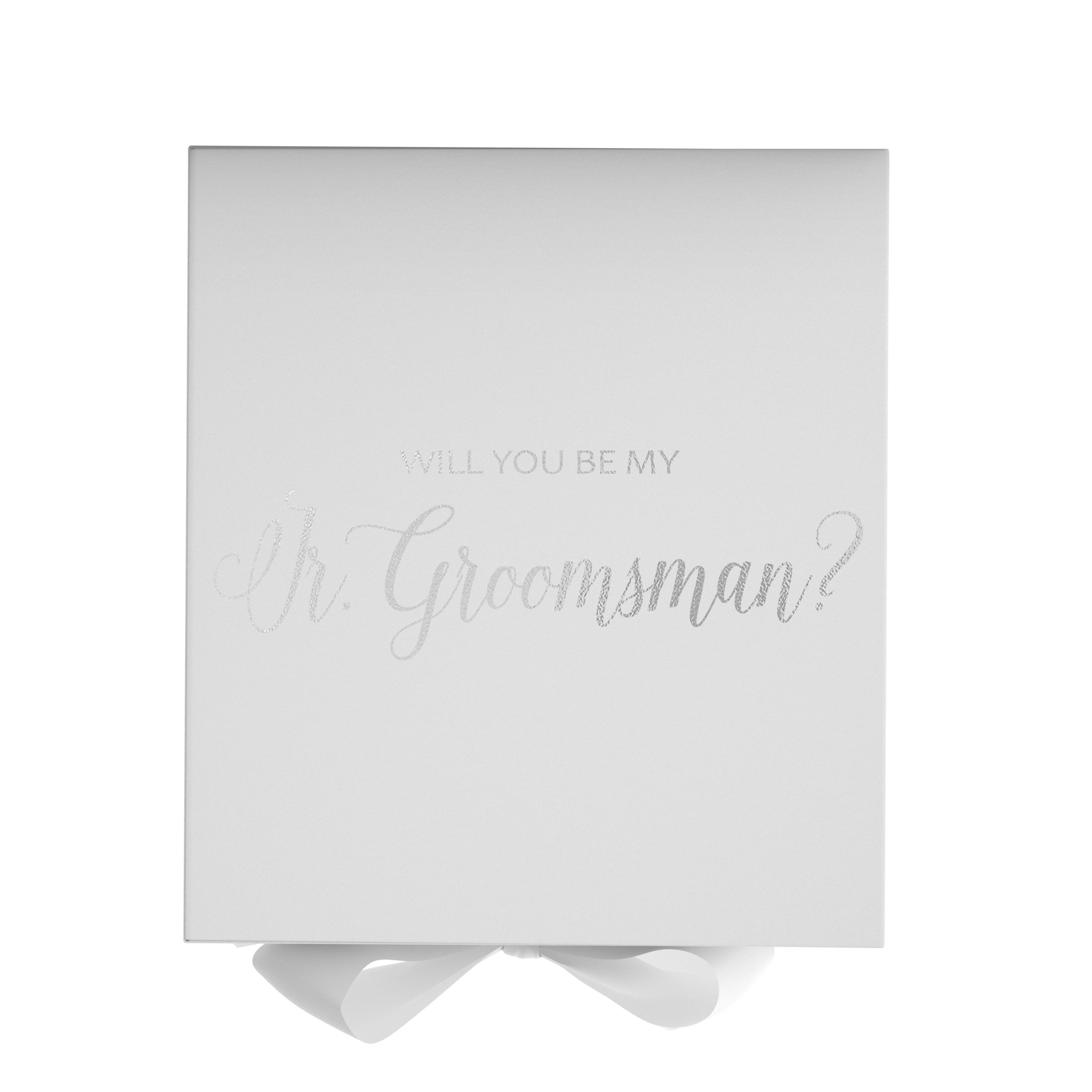 Elegant white proposal box with metallic writing for junior groomsman invitation, featuring a white bow and no border design.