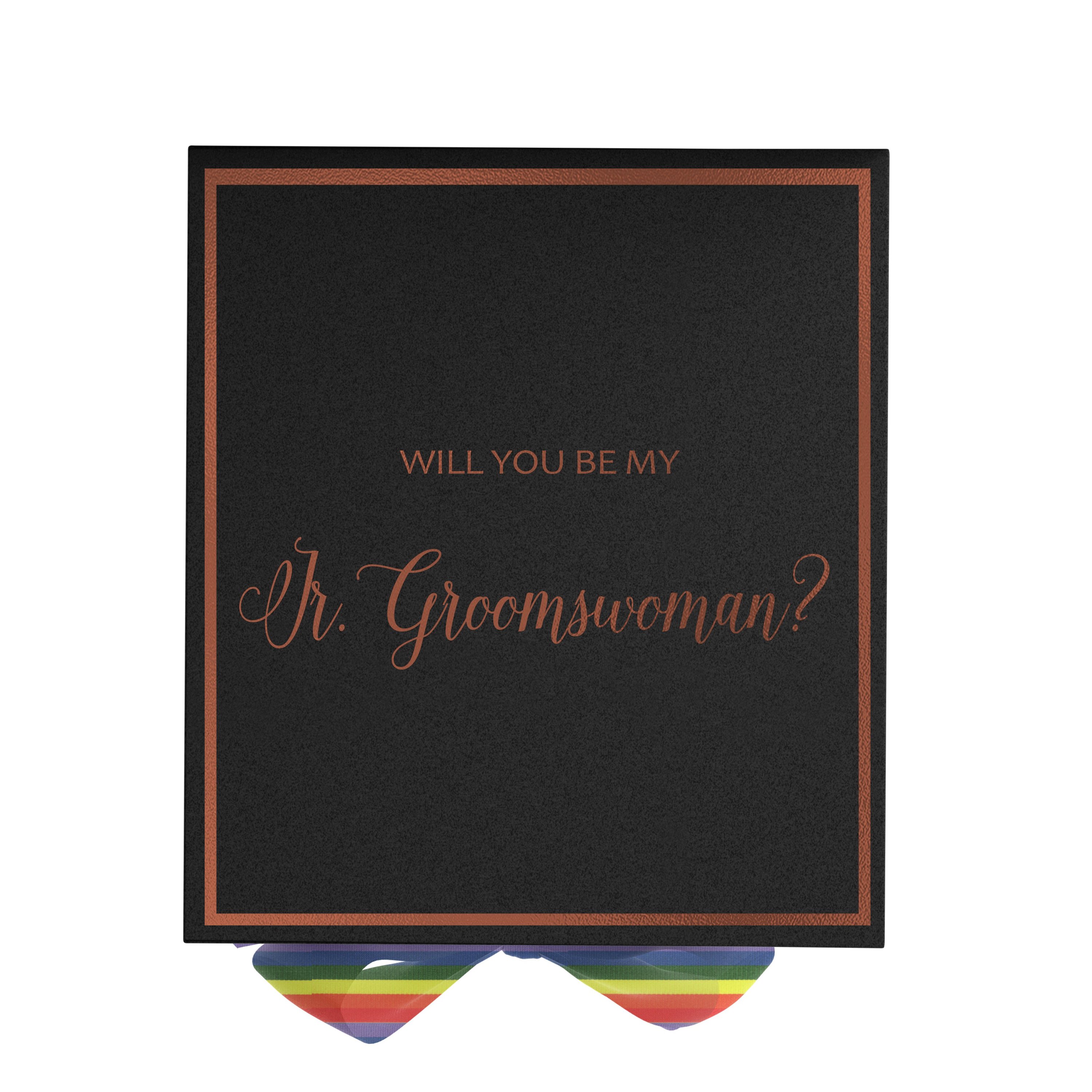 Elegant black proposal box with metallic writing and a rainbow bow, perfect for asking a Jr Groomswoman.