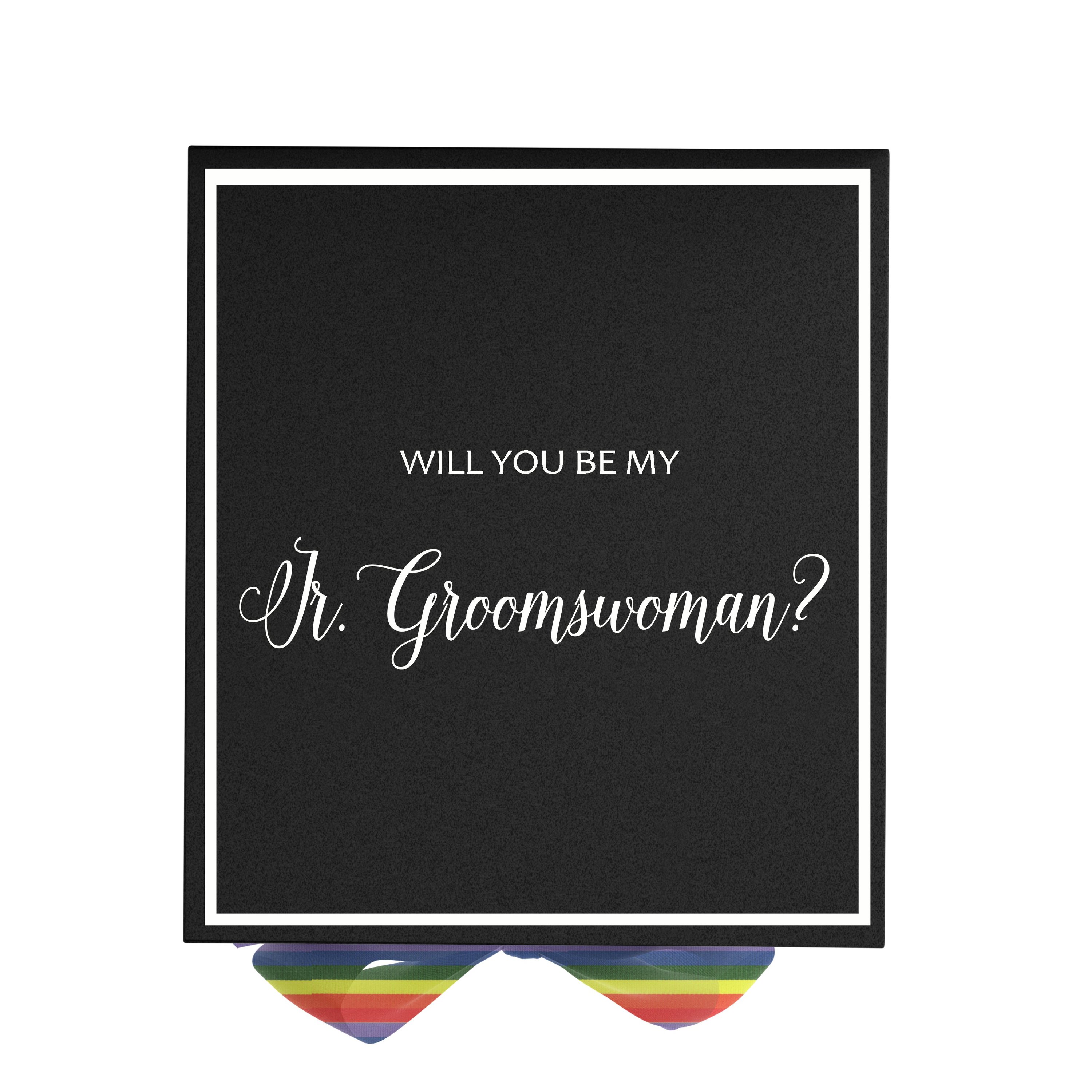 Elegant black proposal box with metallic writing and a rainbow bow, perfect for asking a Jr Groomswoman.