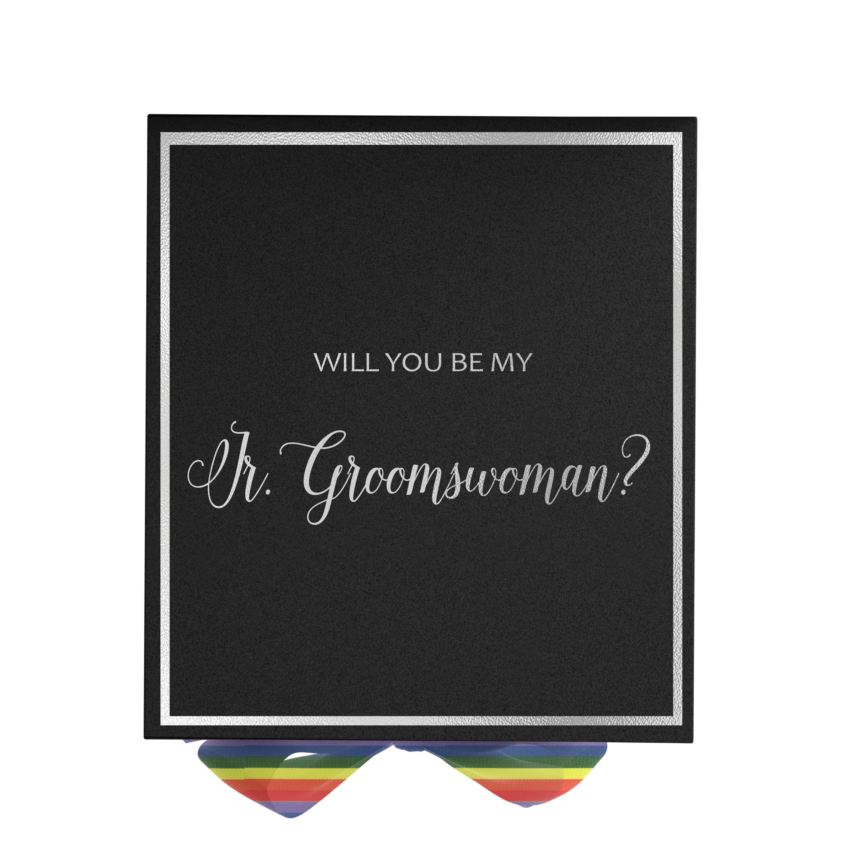 Elegant black proposal box with metallic writing and a rainbow bow, perfect for asking a Jr Groomswoman.