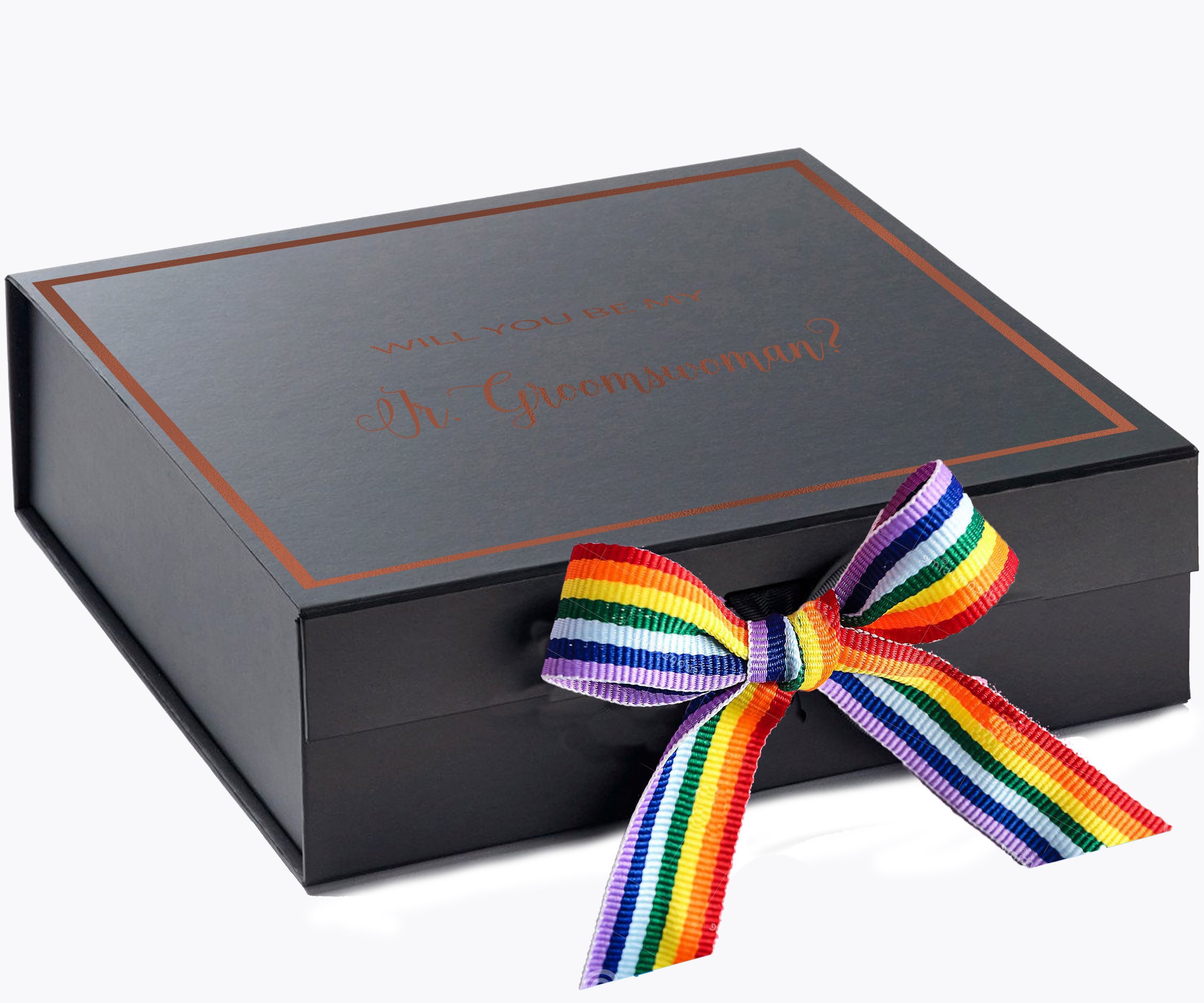 Elegant black proposal box with metallic writing and a rainbow bow, perfect for asking a Jr Groomswoman.