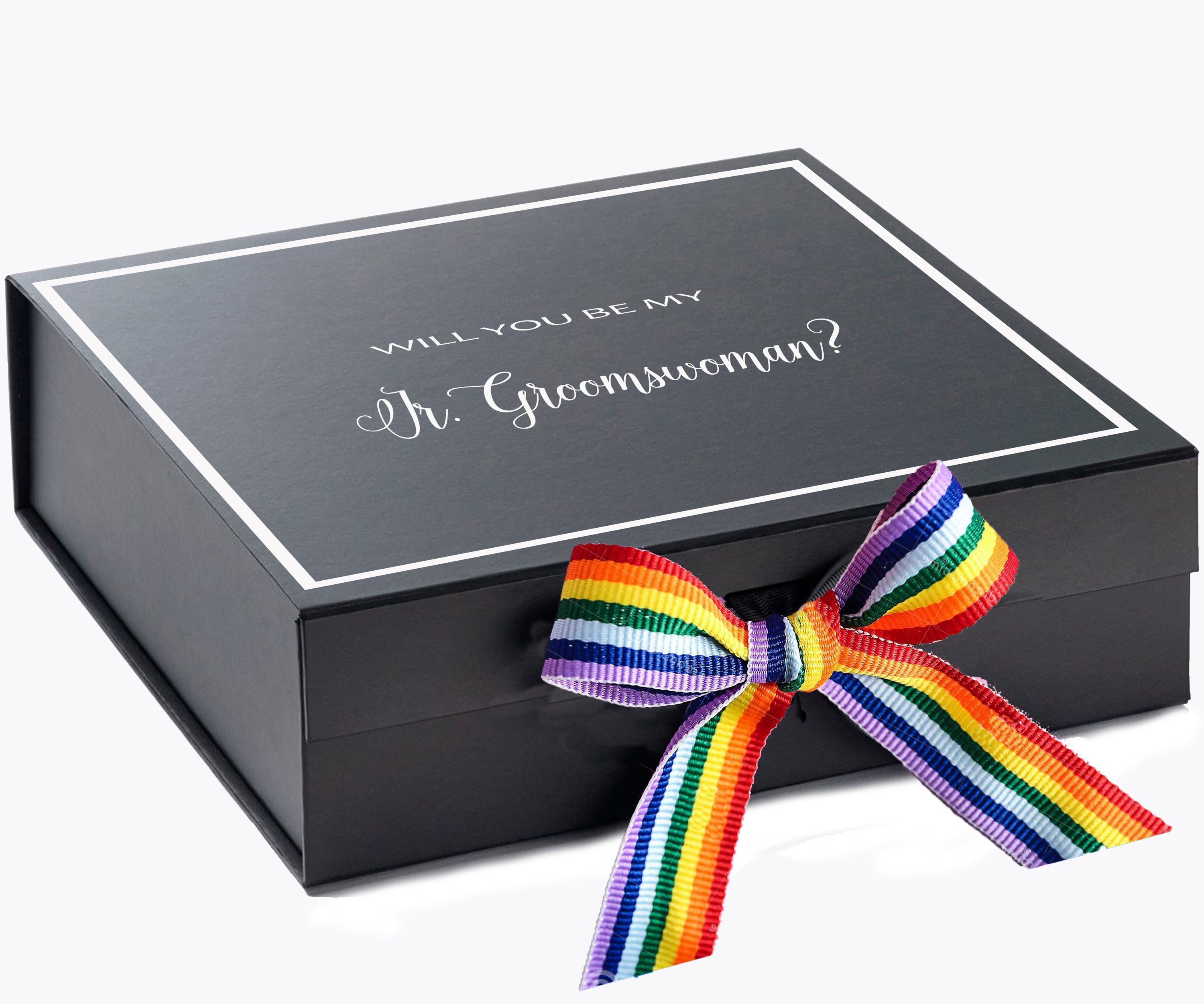 Elegant black proposal box with metallic writing and a rainbow bow, perfect for asking a Jr Groomswoman.