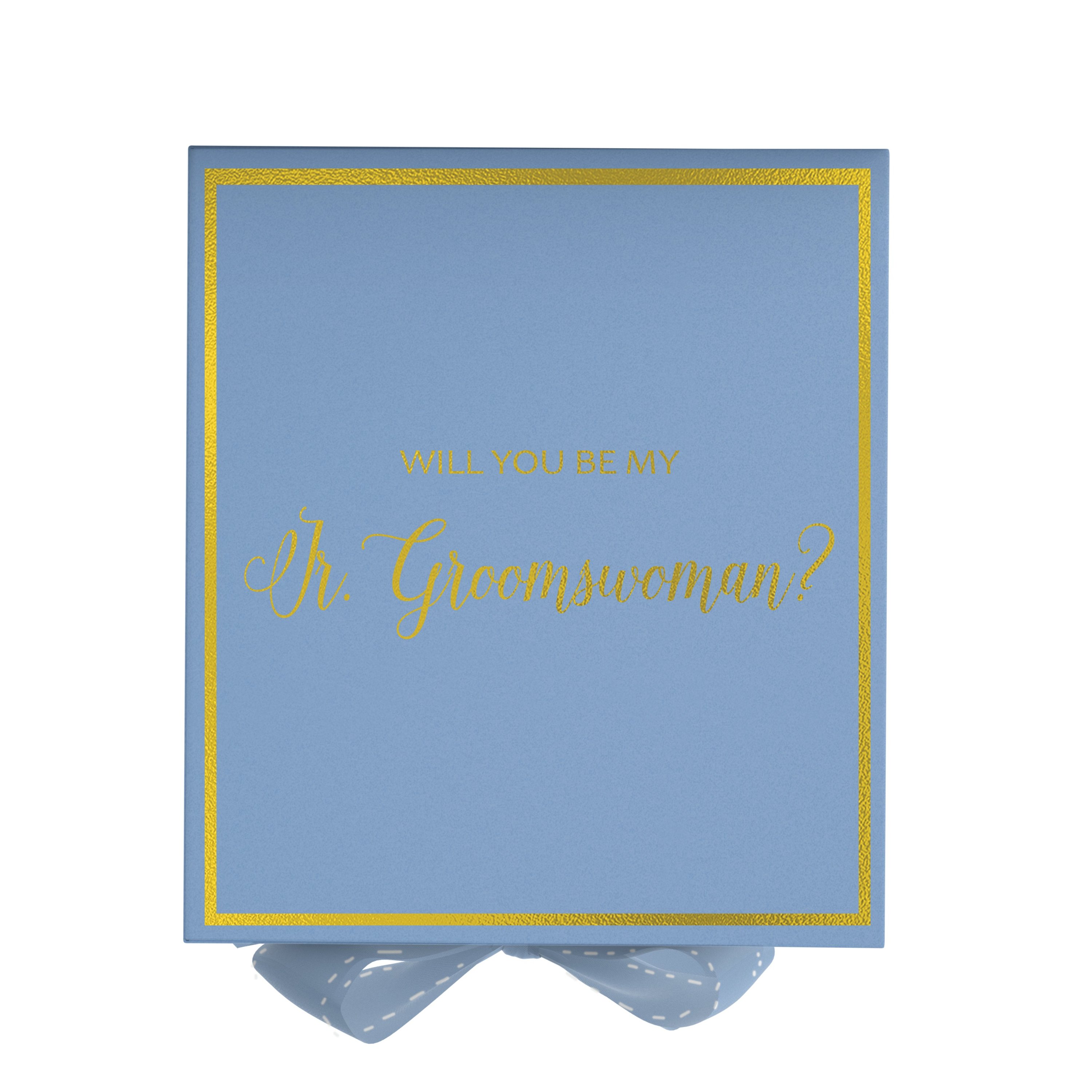 Light blue proposal box with metallic writing, featuring a bow and elegant design, perfect for asking a Jr Groomswoman.