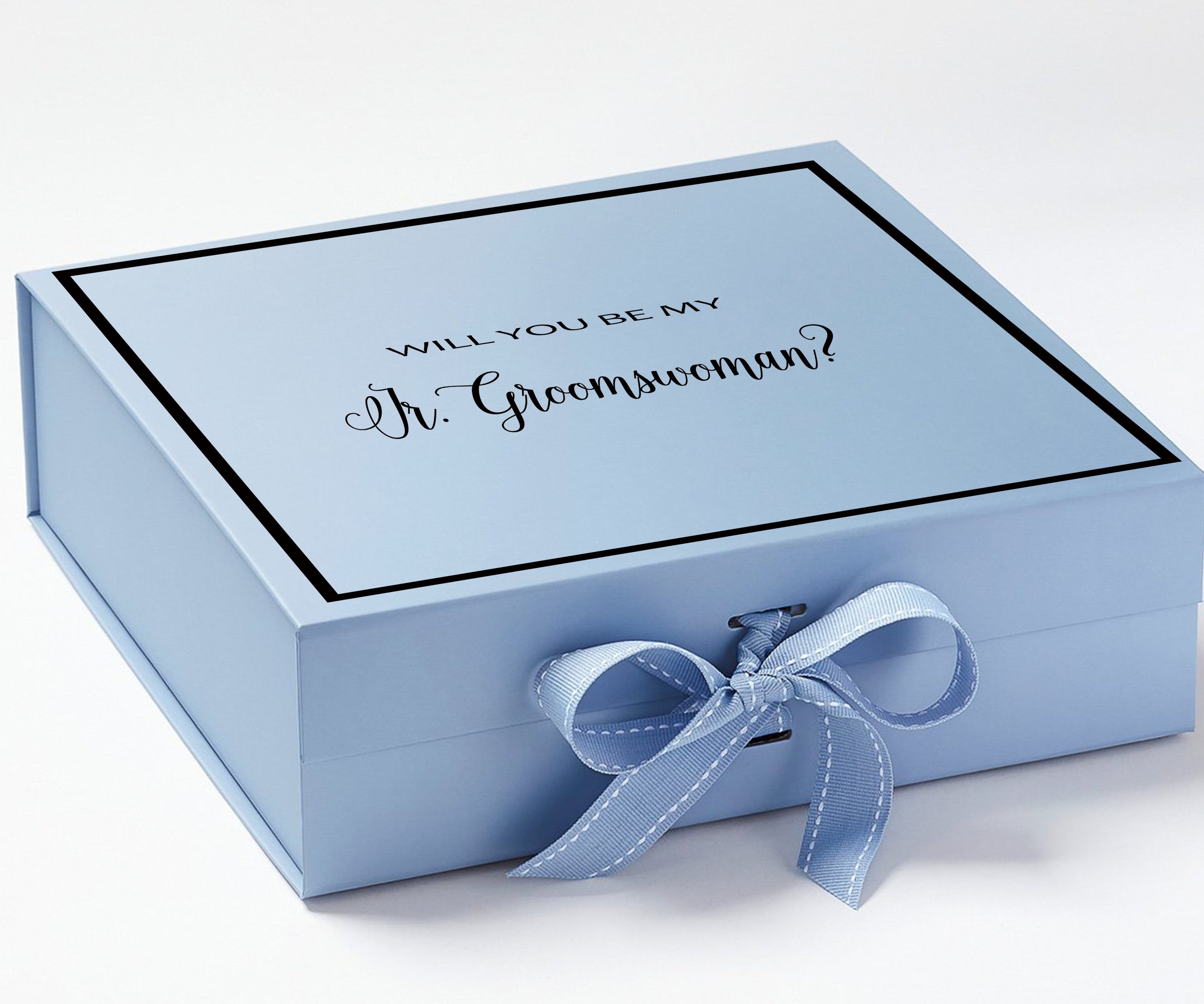 Light blue proposal box with metallic writing, featuring a bow and elegant design, perfect for asking a Jr Groomswoman.