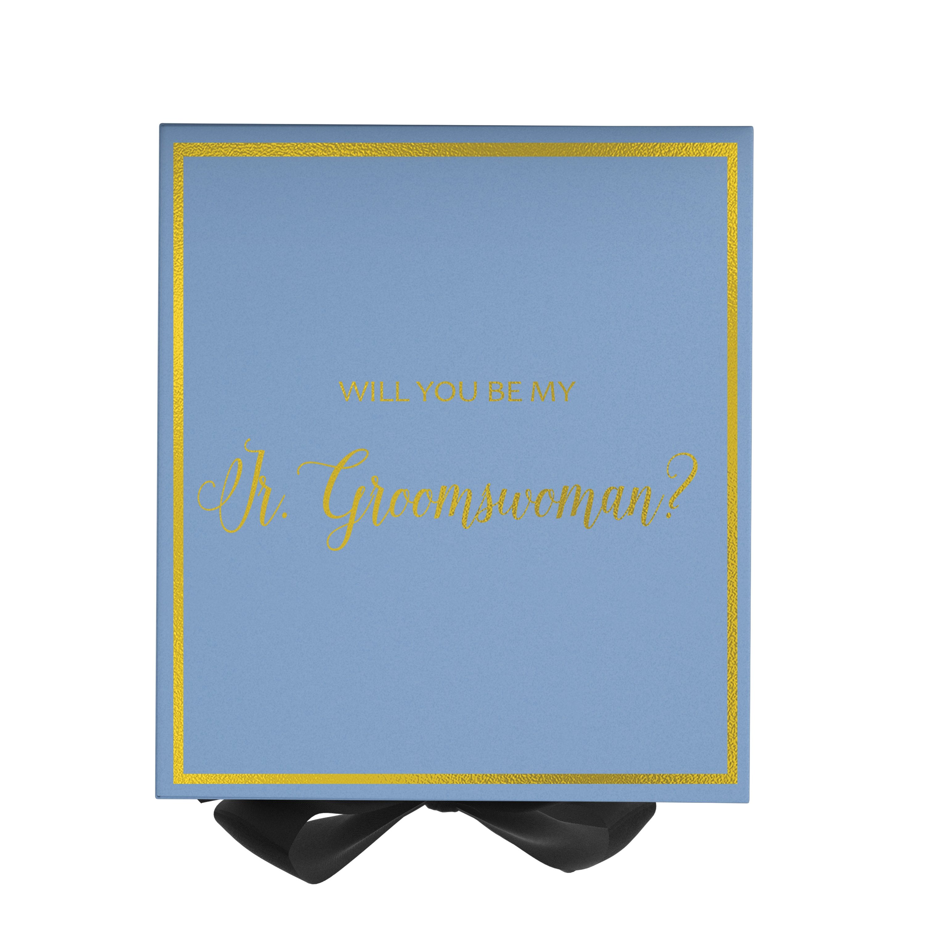 Light blue proposal box with black bow and metallic writing, perfect for asking a Jr Groomswoman.