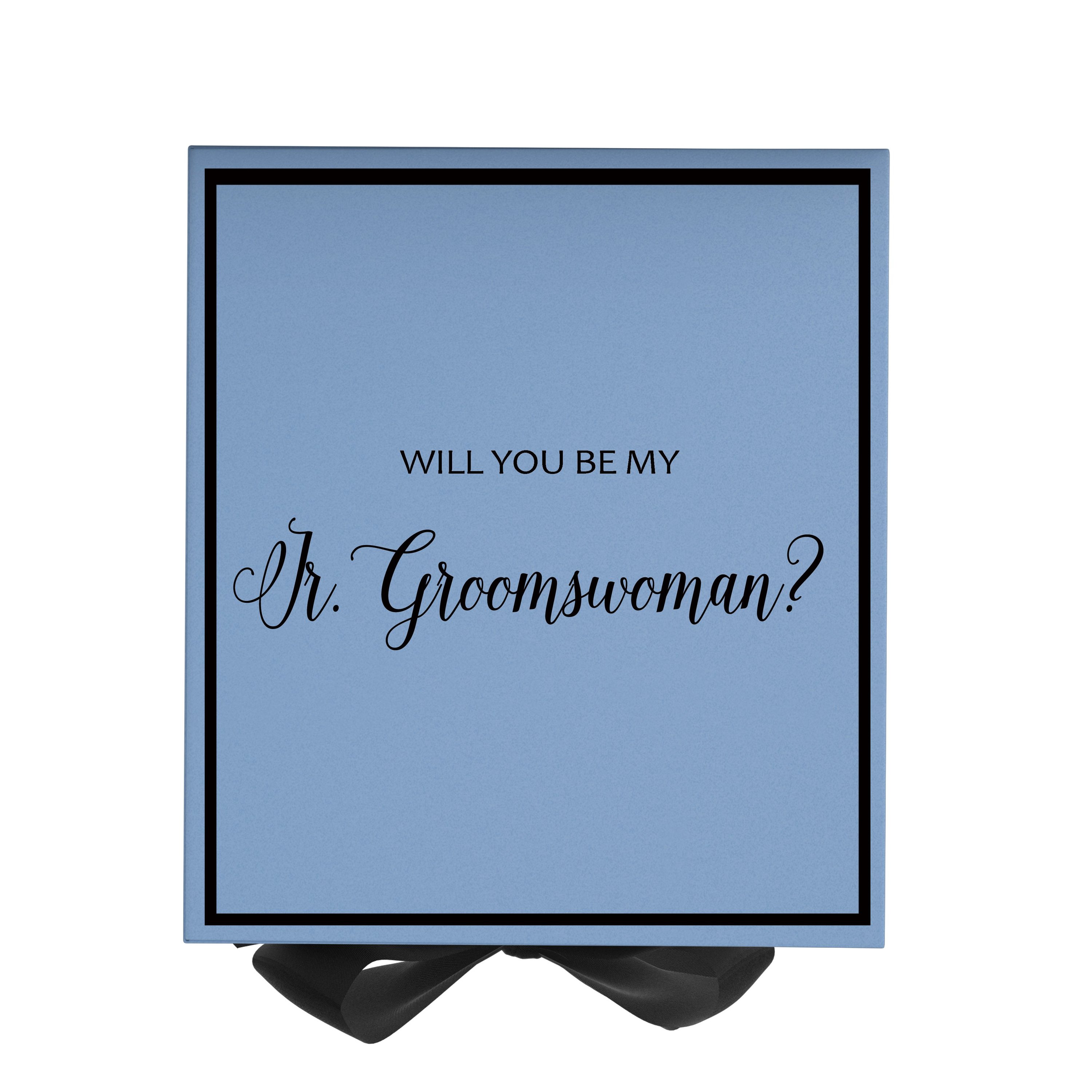 Light blue proposal box with black bow and metallic writing, perfect for asking a Jr Groomswoman.