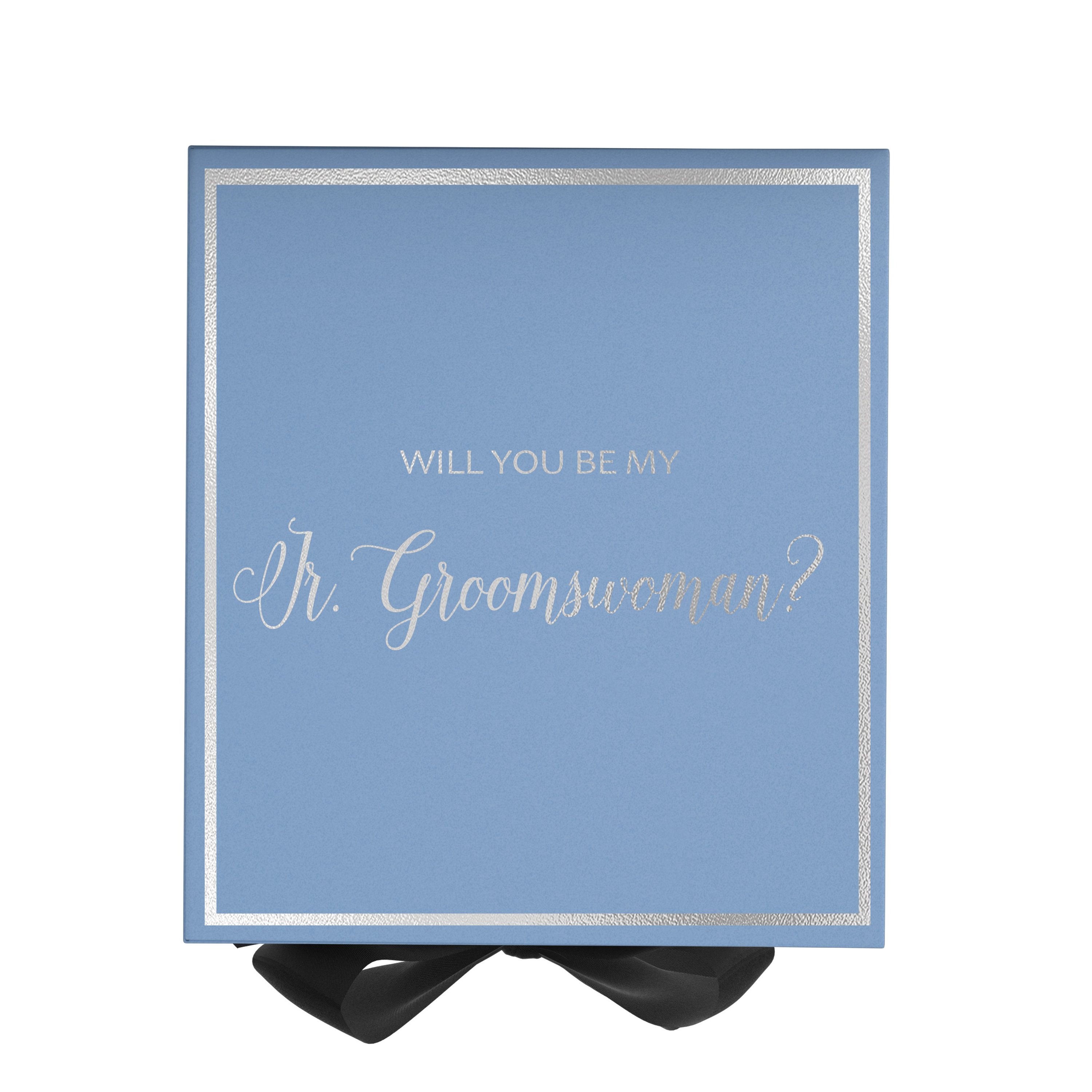 Light blue proposal box with black bow and metallic writing, perfect for asking a Jr Groomswoman.