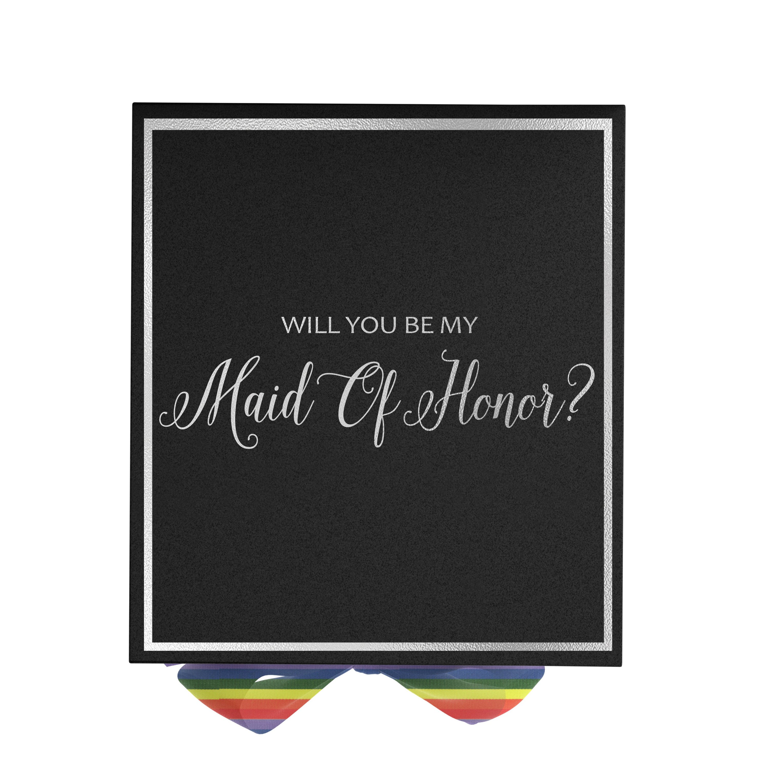 Elegant black proposal box with metallic writing and rainbow bow, perfect for asking someone to be your maid of honor.