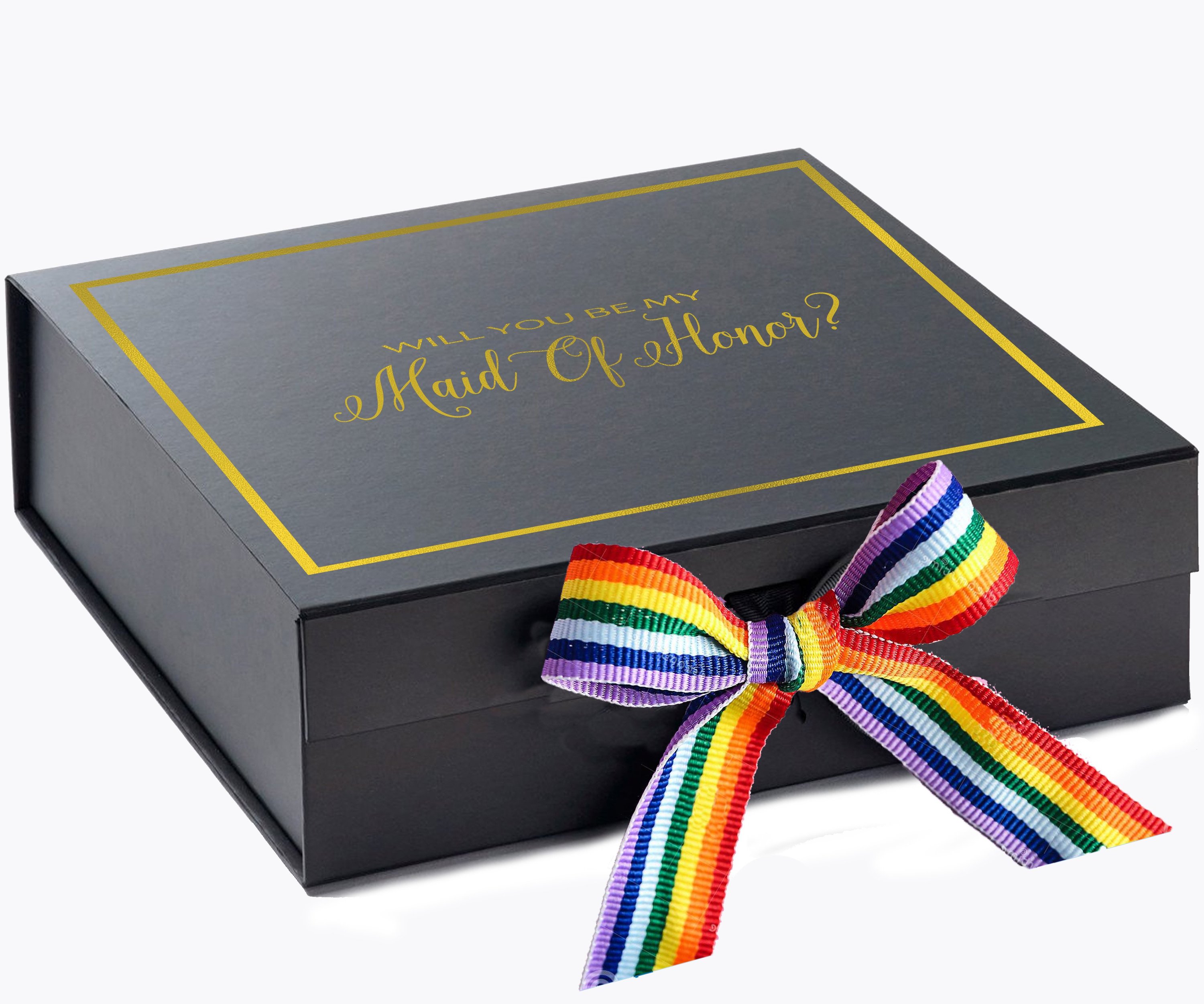 Elegant black proposal box with metallic writing and rainbow bow, perfect for asking someone to be your maid of honor.