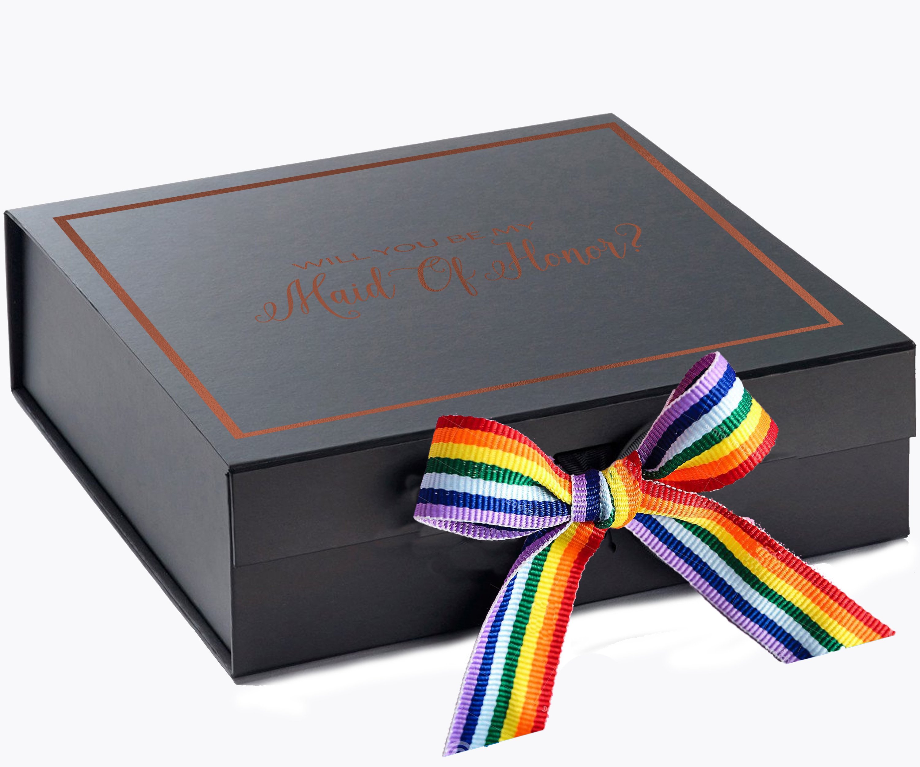 Elegant black proposal box with metallic writing and rainbow bow, perfect for asking someone to be your maid of honor.