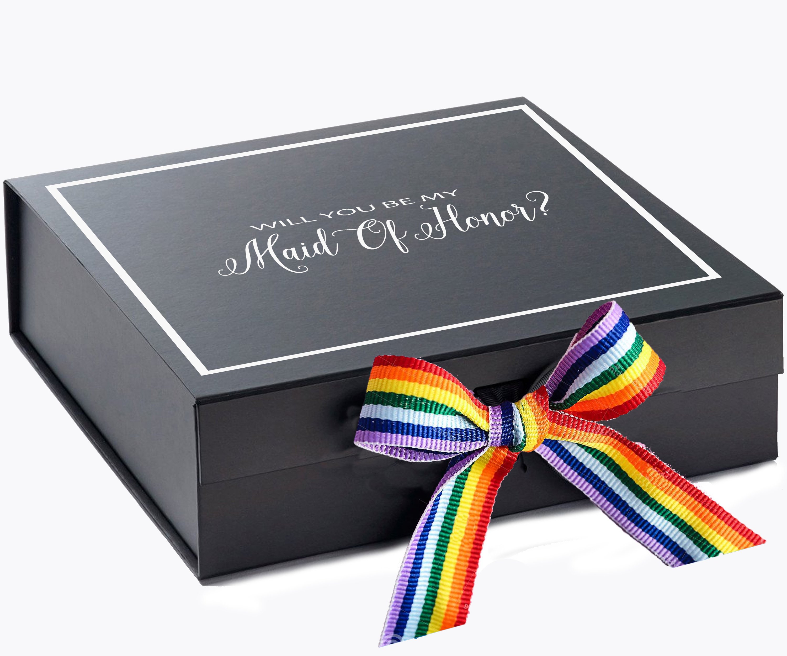 Elegant black proposal box with metallic writing and rainbow bow, perfect for asking someone to be your maid of honor.