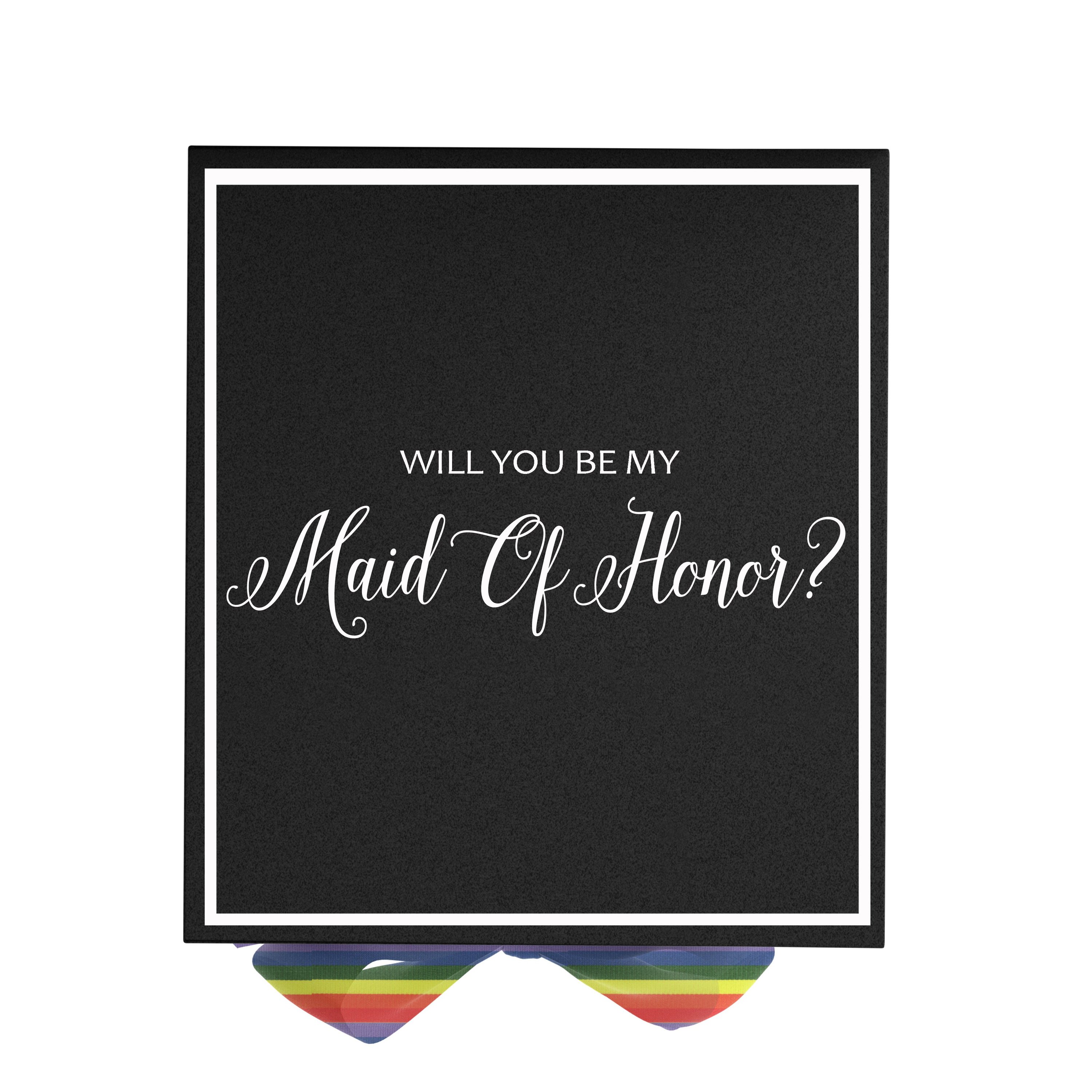 Elegant black proposal box with metallic writing and rainbow bow, perfect for asking someone to be your maid of honor.