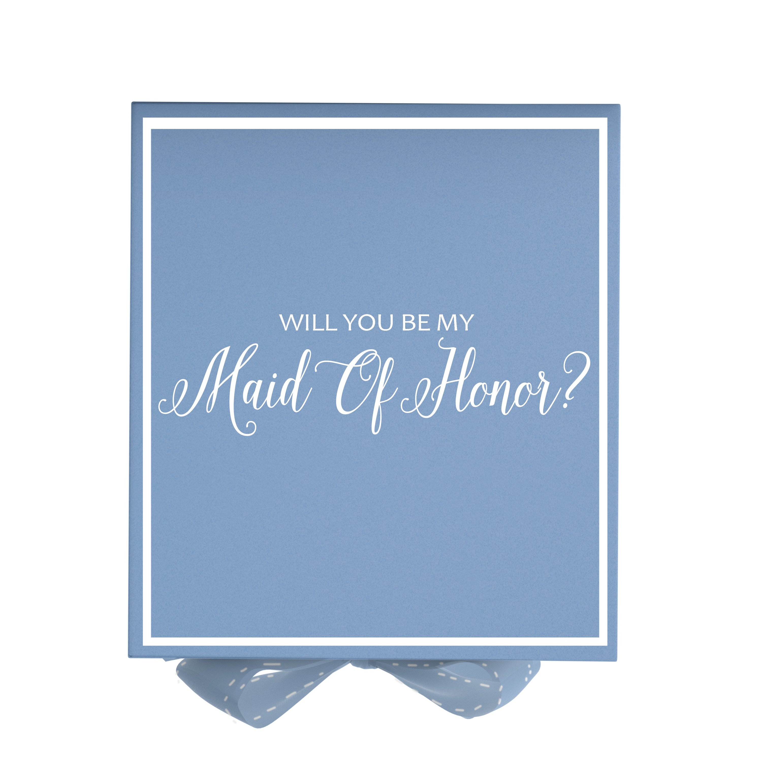 Light blue maid of honor proposal box with metallic writing and a bow, showcasing its elegant design and quality finish.