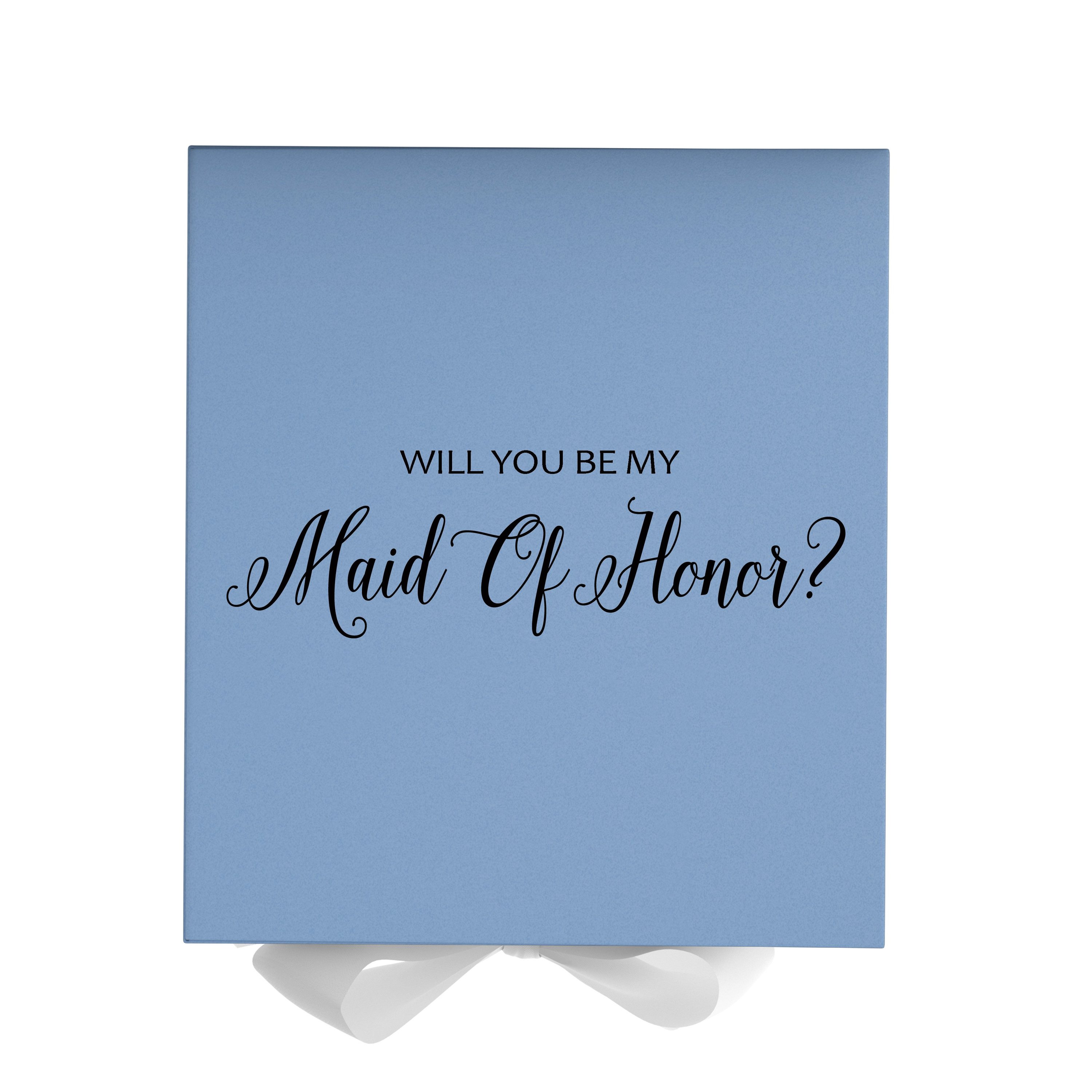 Light blue proposal box with white bow and metallic writing, perfect for asking someone to be your maid of honor.