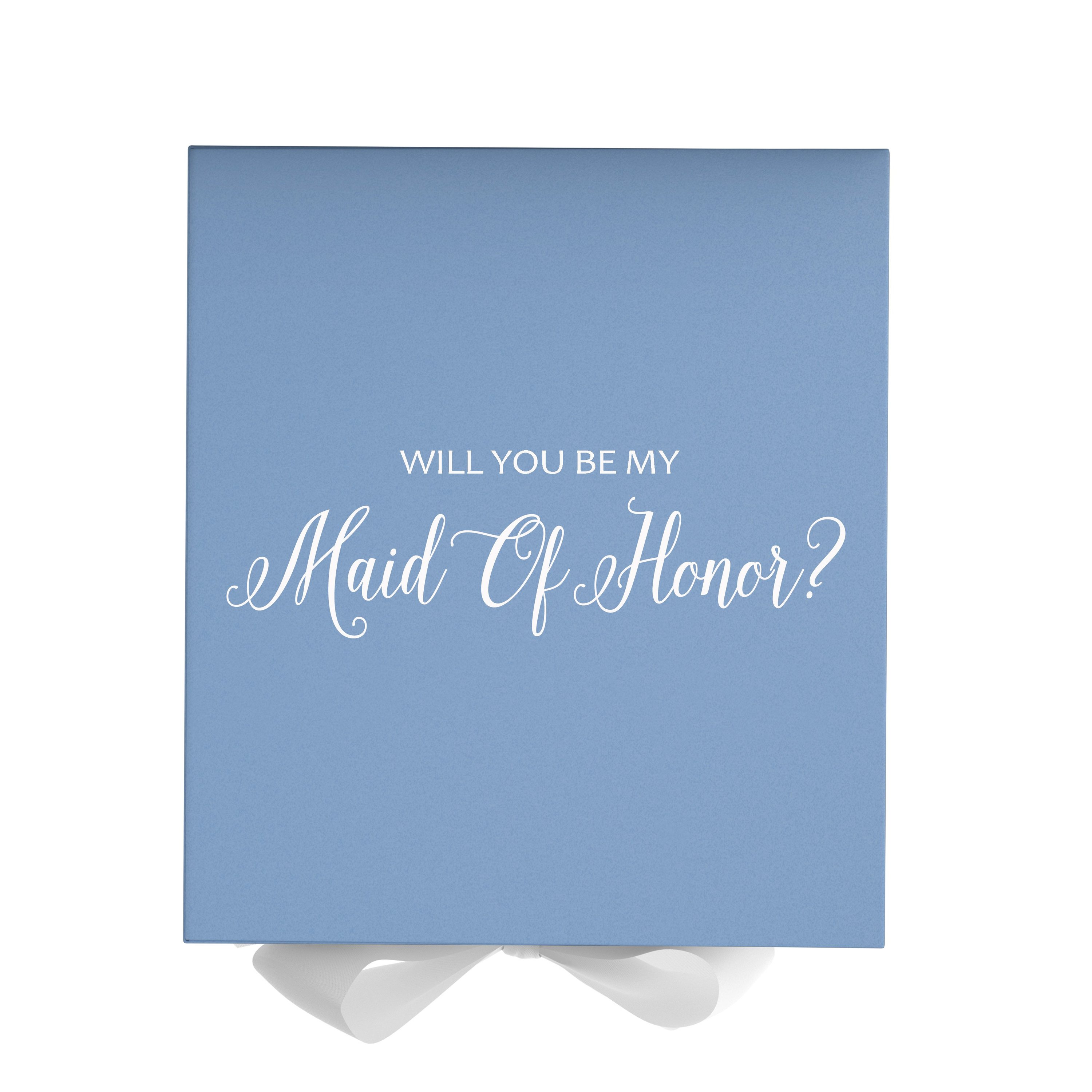 Light blue proposal box with white bow and metallic writing, perfect for asking someone to be your maid of honor.