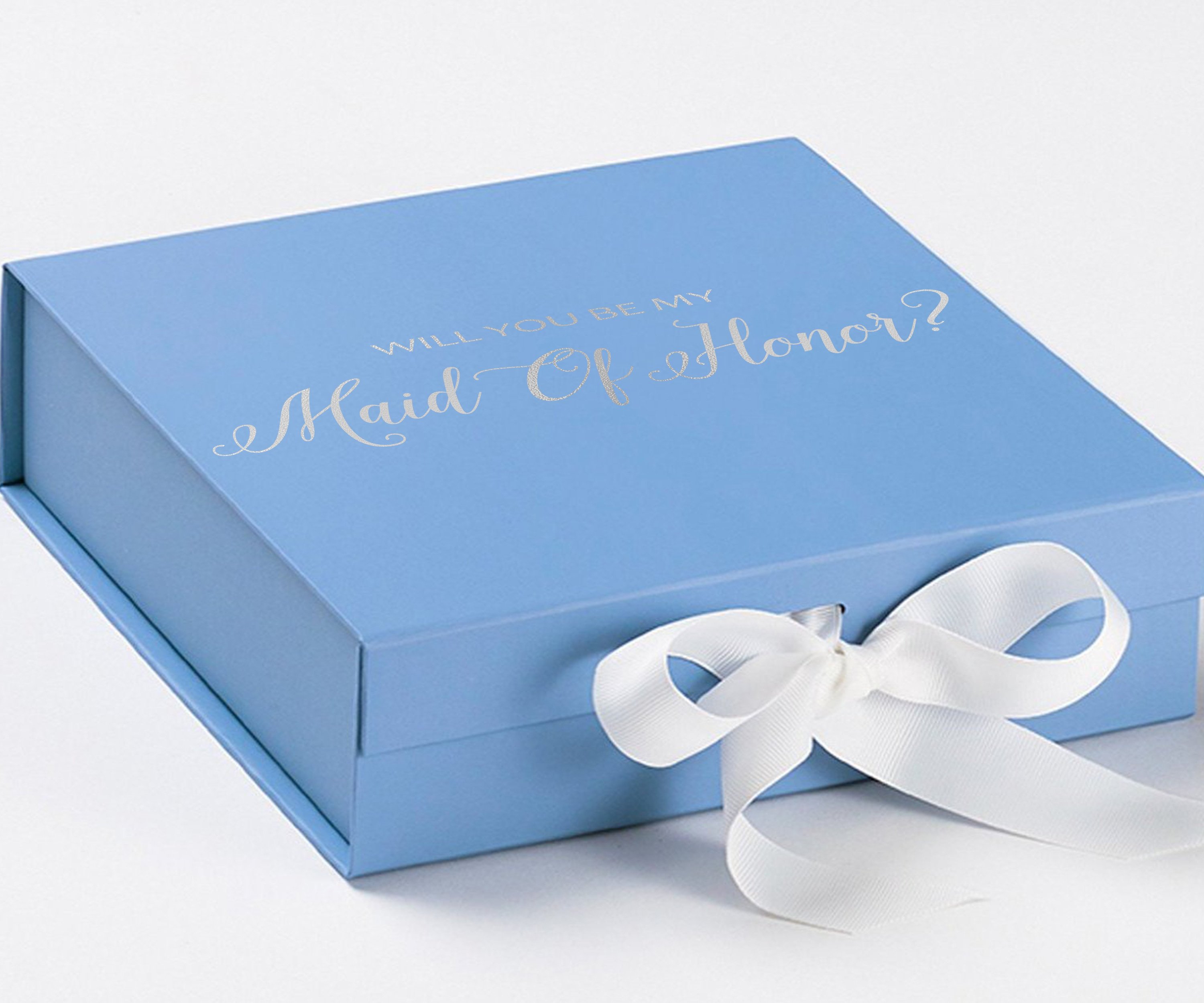 Light blue proposal box with white bow and metallic writing, perfect for asking someone to be your maid of honor.