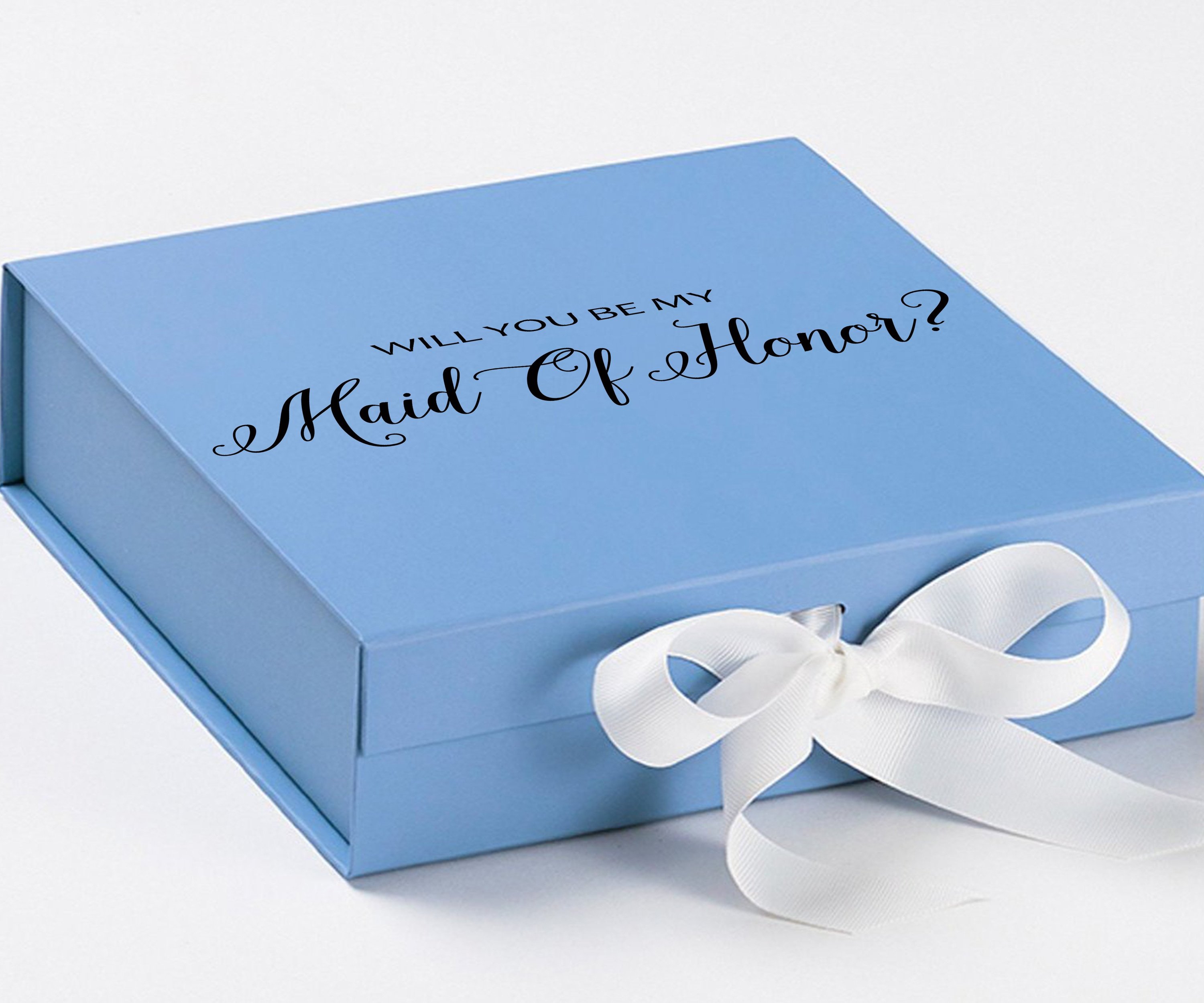 Light blue proposal box with white bow and metallic writing, perfect for asking someone to be your maid of honor.