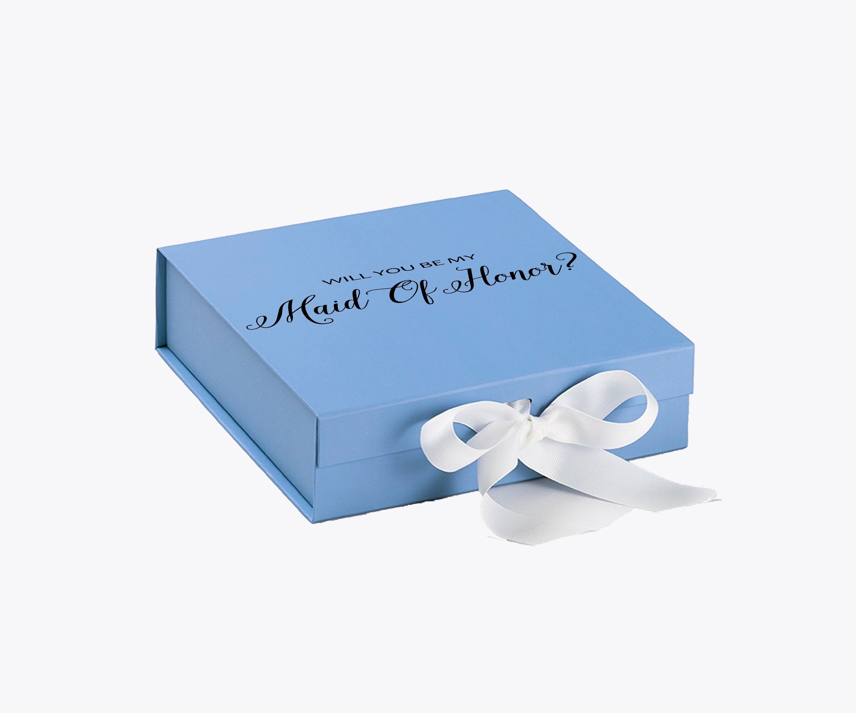 Light blue proposal box with white bow and metallic writing, perfect for asking someone to be your maid of honor.