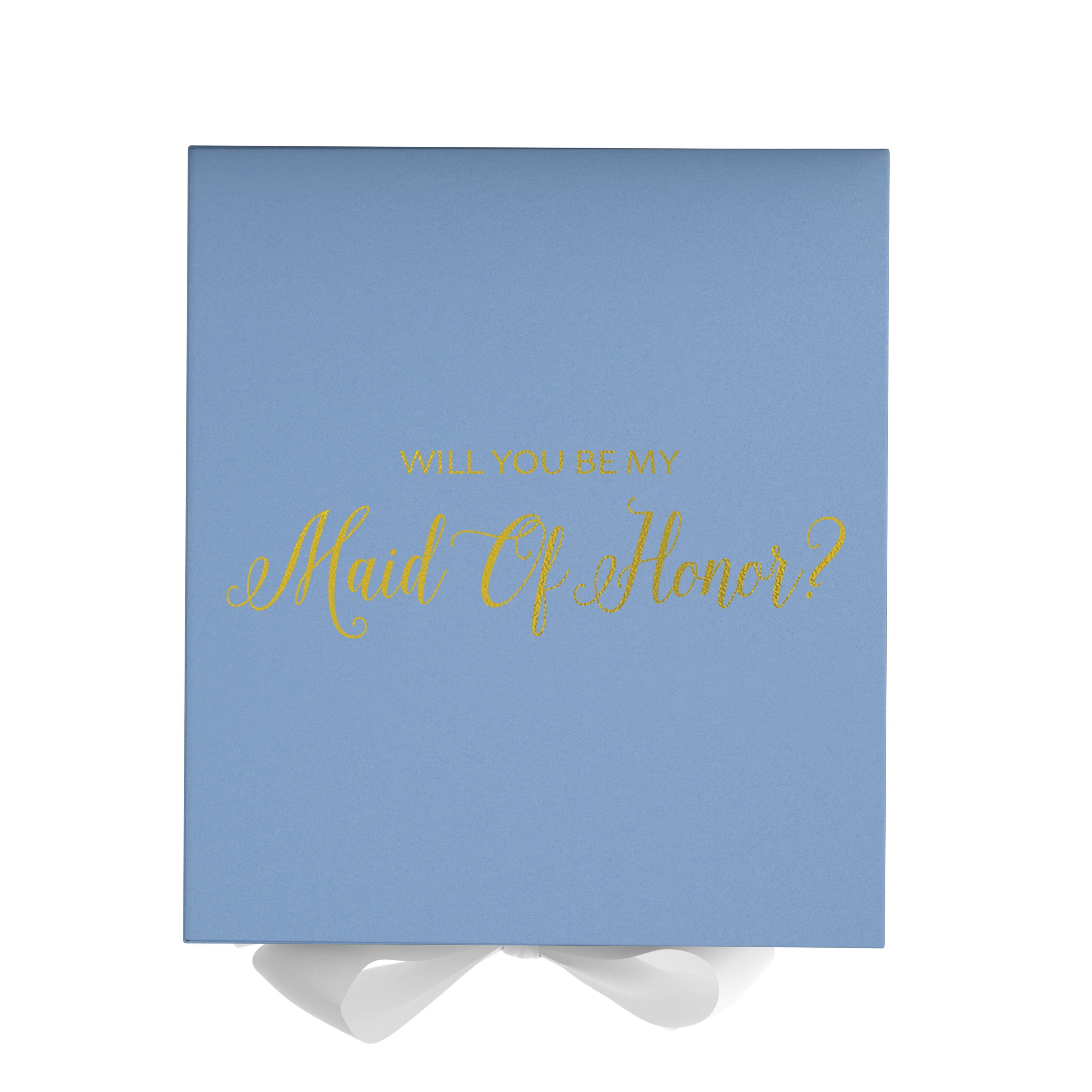 Light blue proposal box with white bow and metallic writing, perfect for asking someone to be your maid of honor.