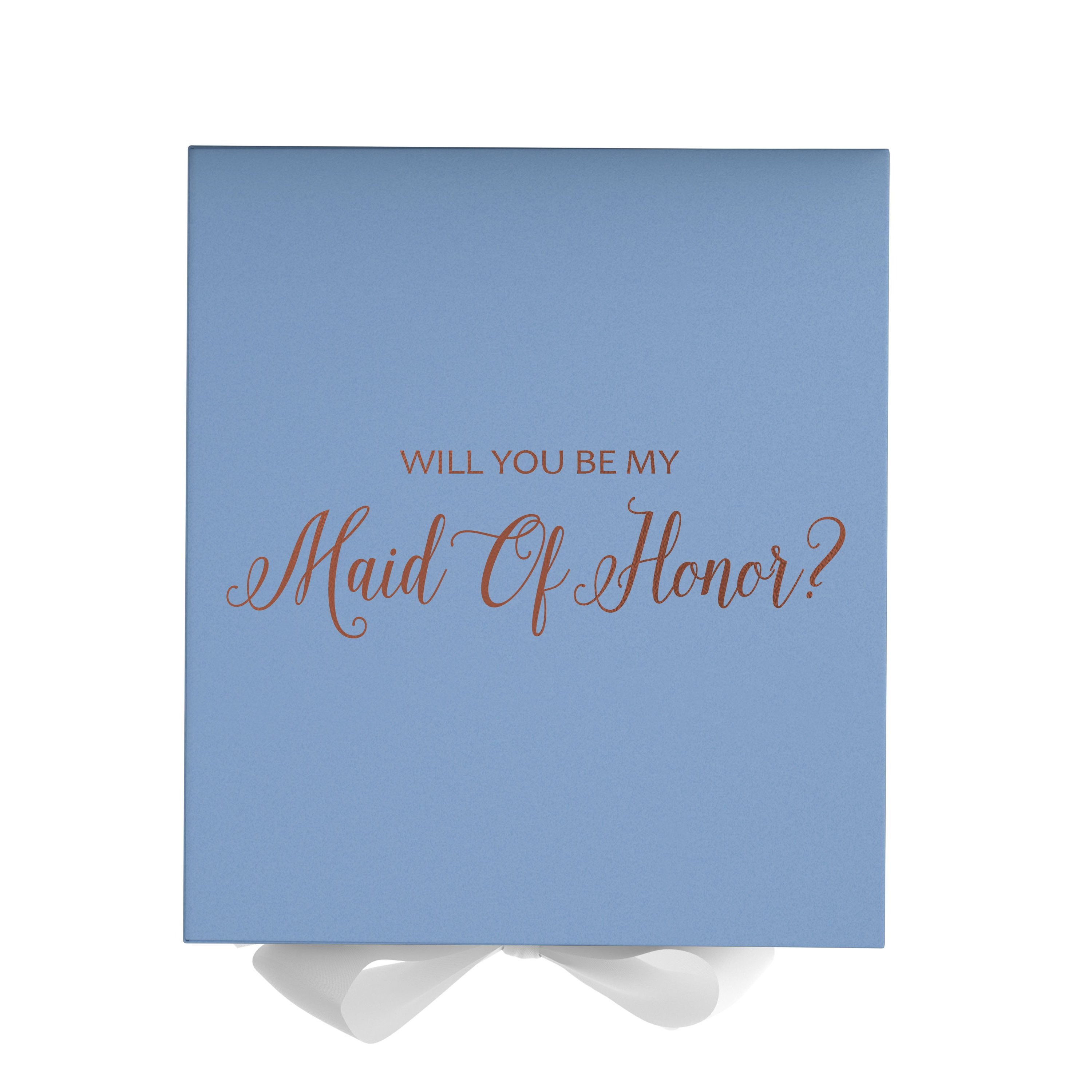 Light blue proposal box with white bow and metallic writing, perfect for asking someone to be your maid of honor.