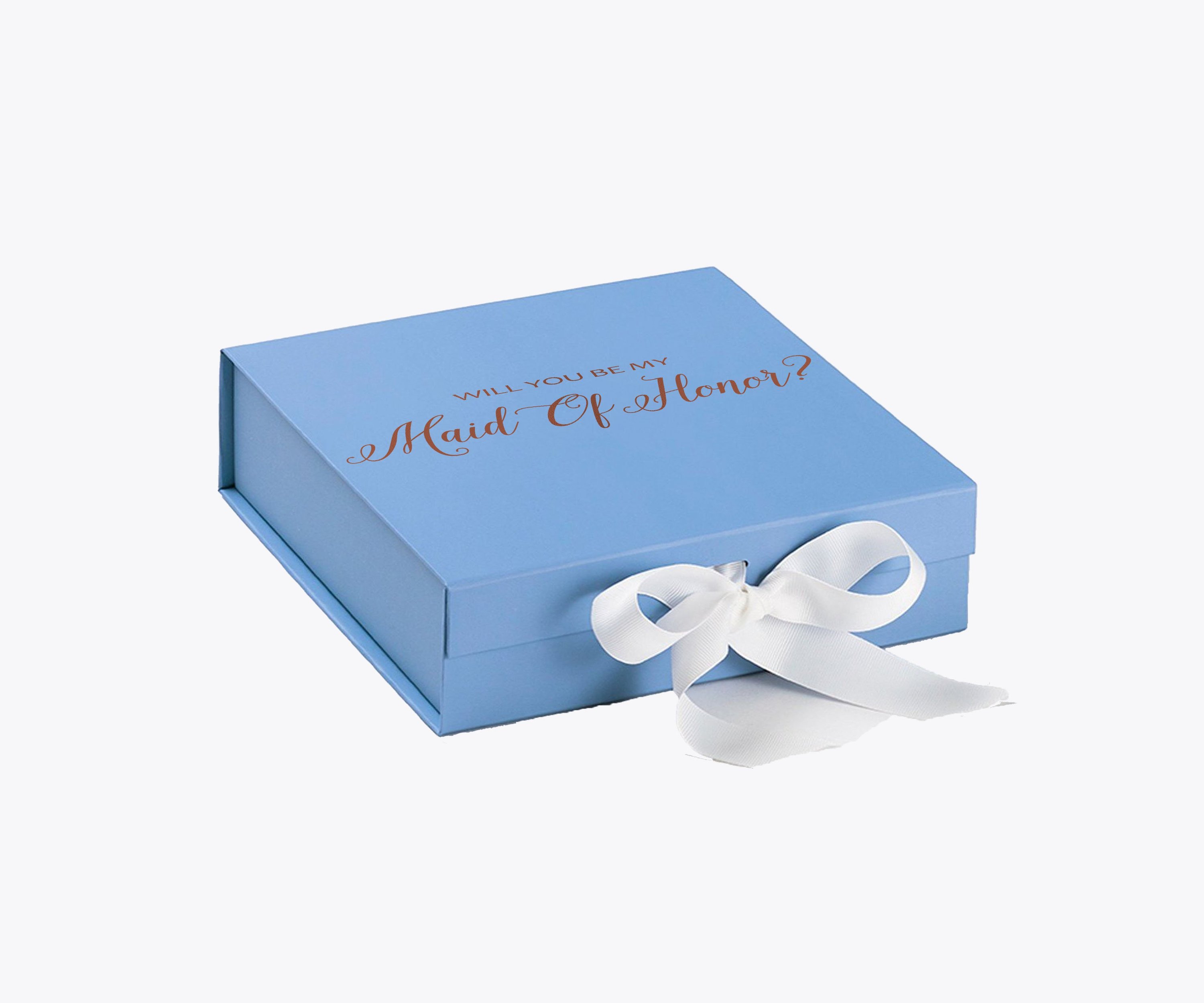 Light blue proposal box with white bow and metallic writing, perfect for asking someone to be your maid of honor.