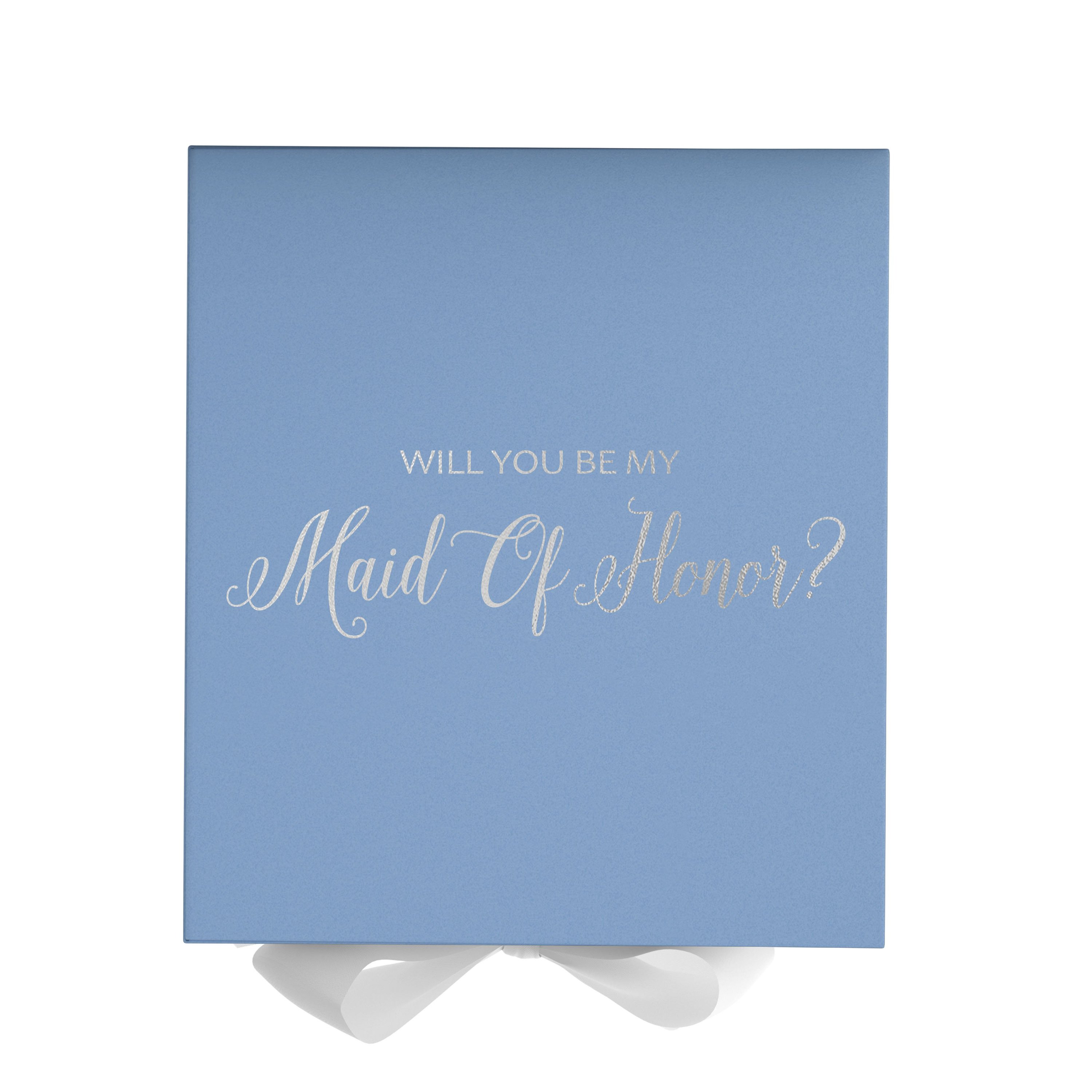 Light blue proposal box with white bow and metallic writing, perfect for asking someone to be your maid of honor.