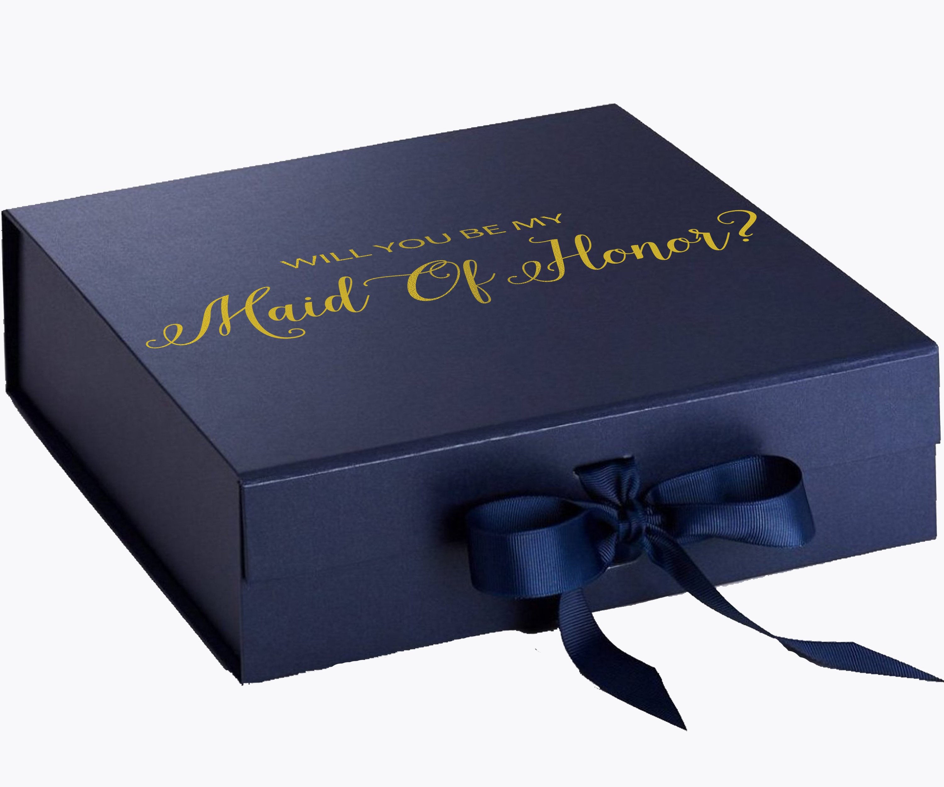 Navy proposal box with metallic writing, featuring a luxurious finish and a navy bow, perfect for asking someone to be your maid of honor.