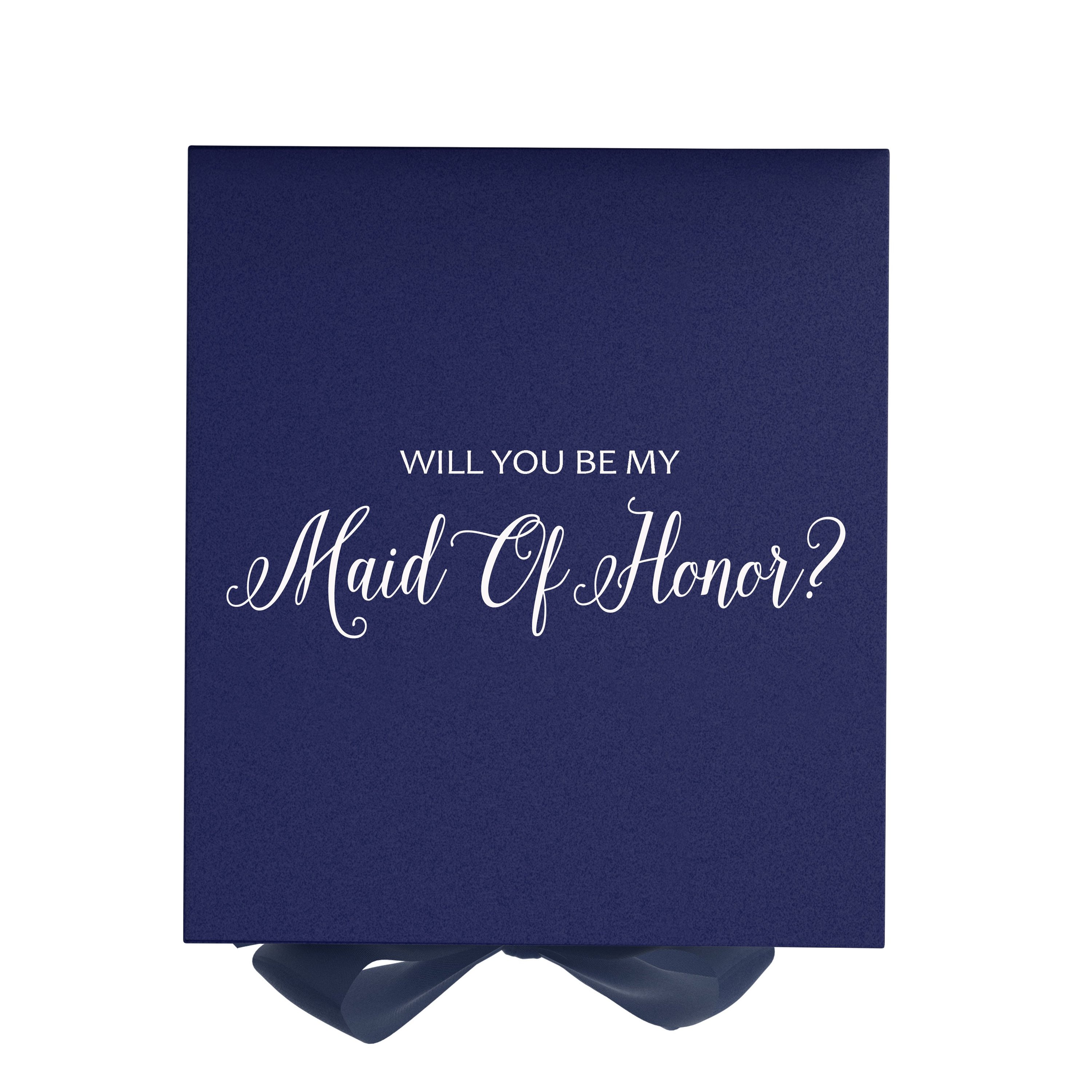 Navy proposal box with metallic writing, featuring a luxurious finish and a navy bow, perfect for asking someone to be your maid of honor.