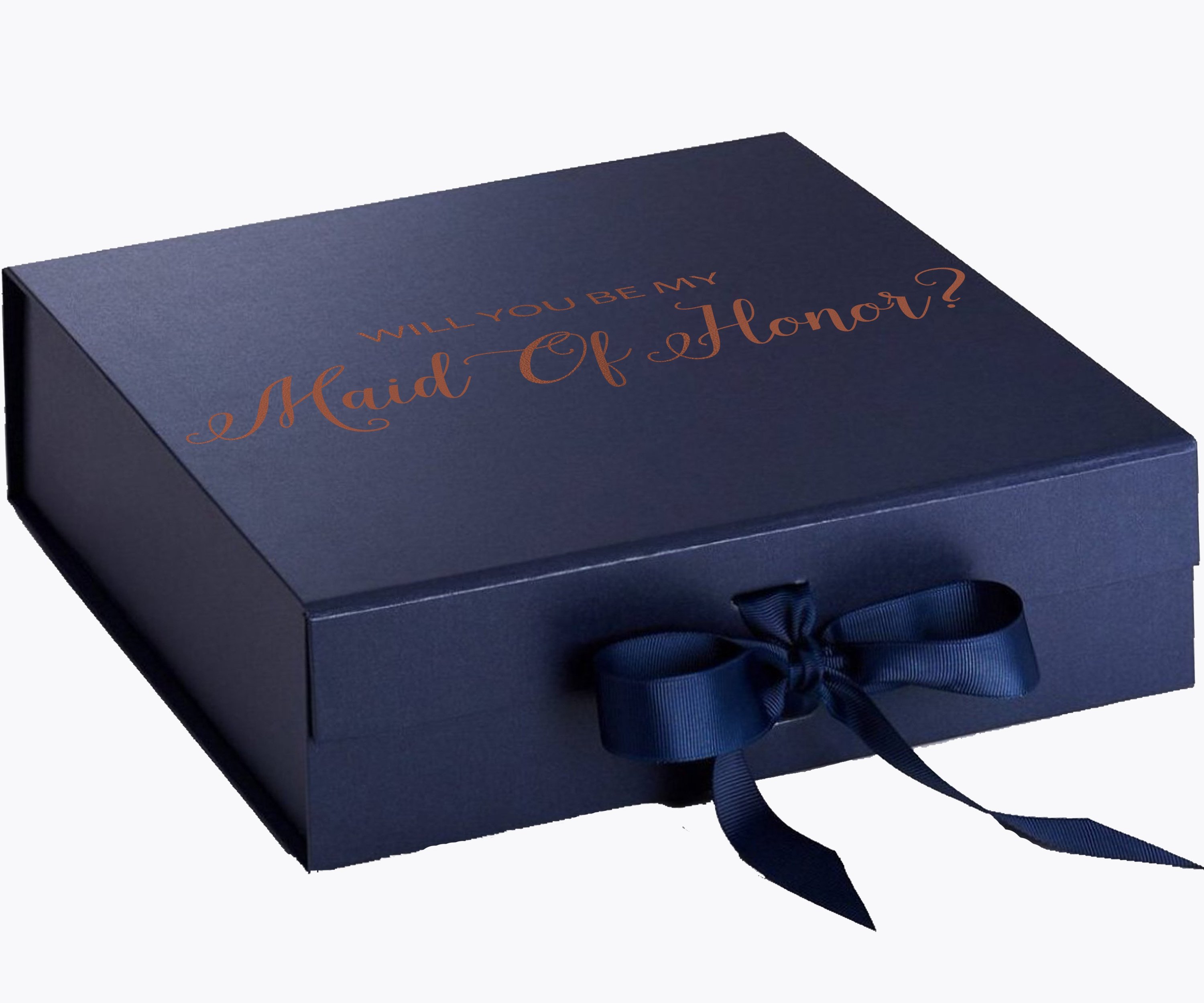 Navy proposal box with metallic writing, featuring a luxurious finish and a navy bow, perfect for asking someone to be your maid of honor.