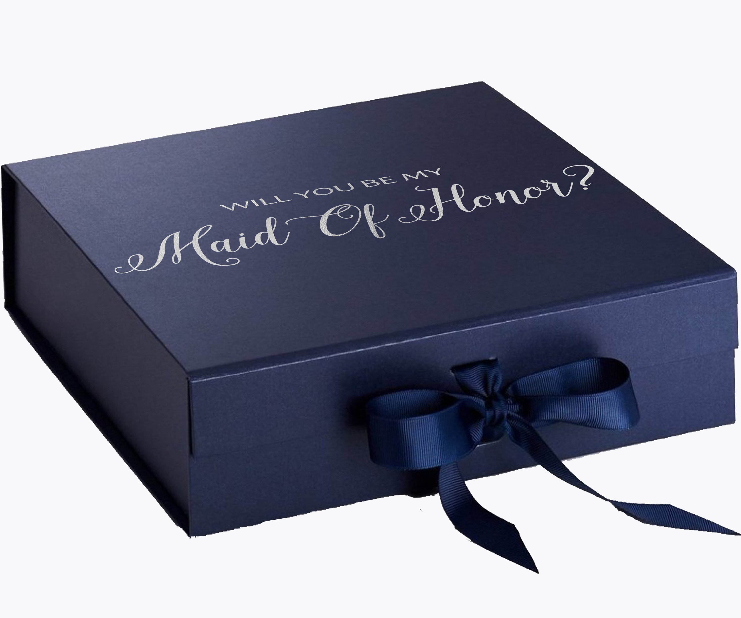 Navy proposal box with metallic writing, featuring a luxurious finish and a navy bow, perfect for asking someone to be your maid of honor.