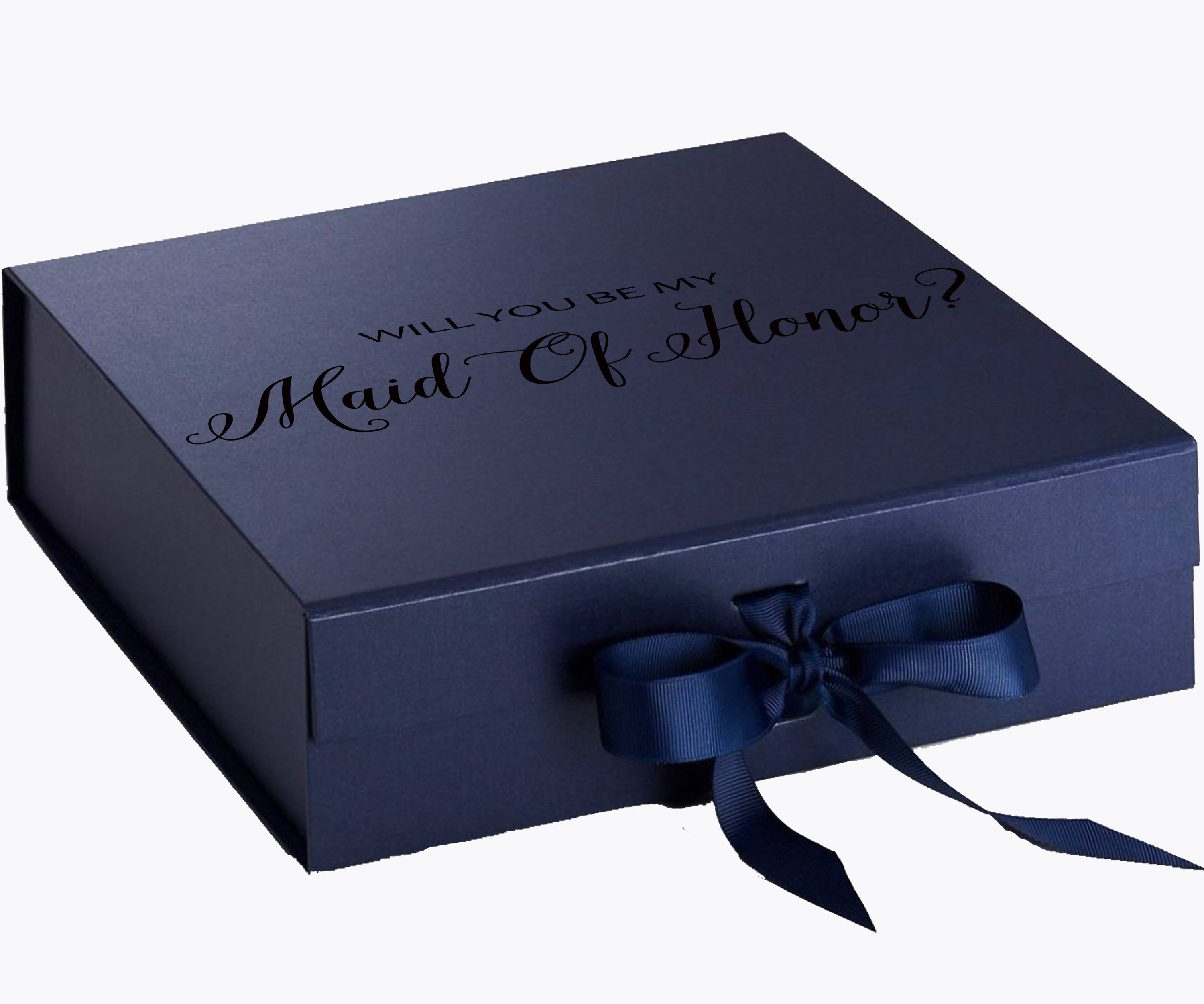 Navy proposal box with metallic writing, featuring a luxurious finish and a navy bow, perfect for asking someone to be your maid of honor.