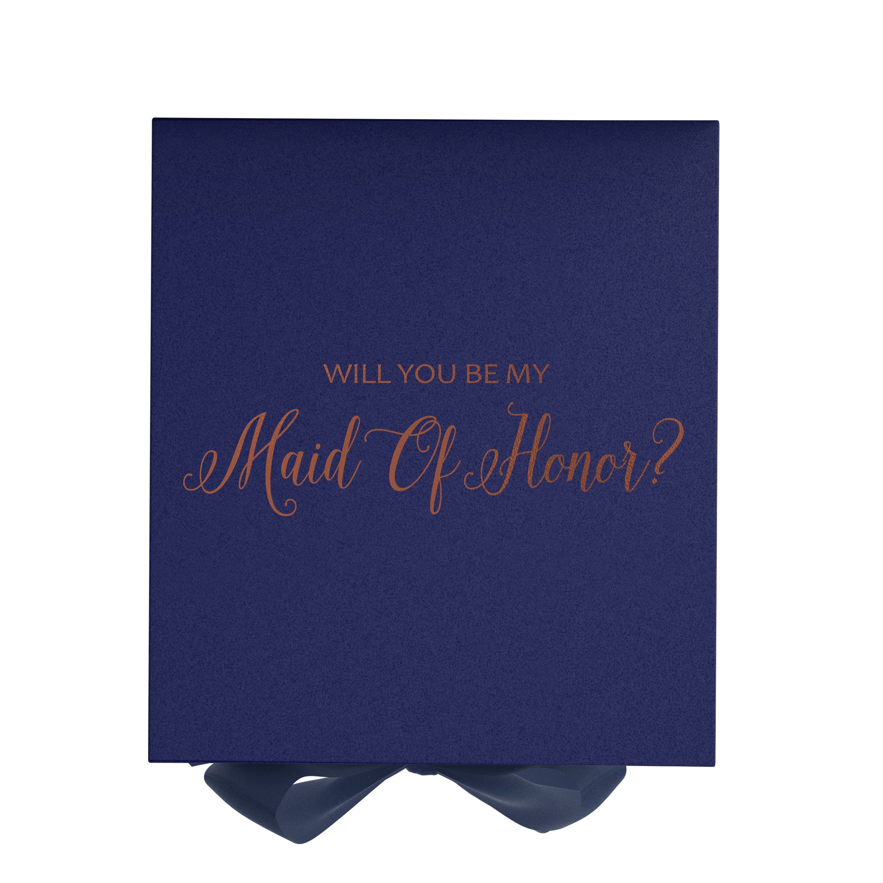 Navy proposal box with metallic writing, featuring a luxurious finish and a navy bow, perfect for asking someone to be your maid of honor.