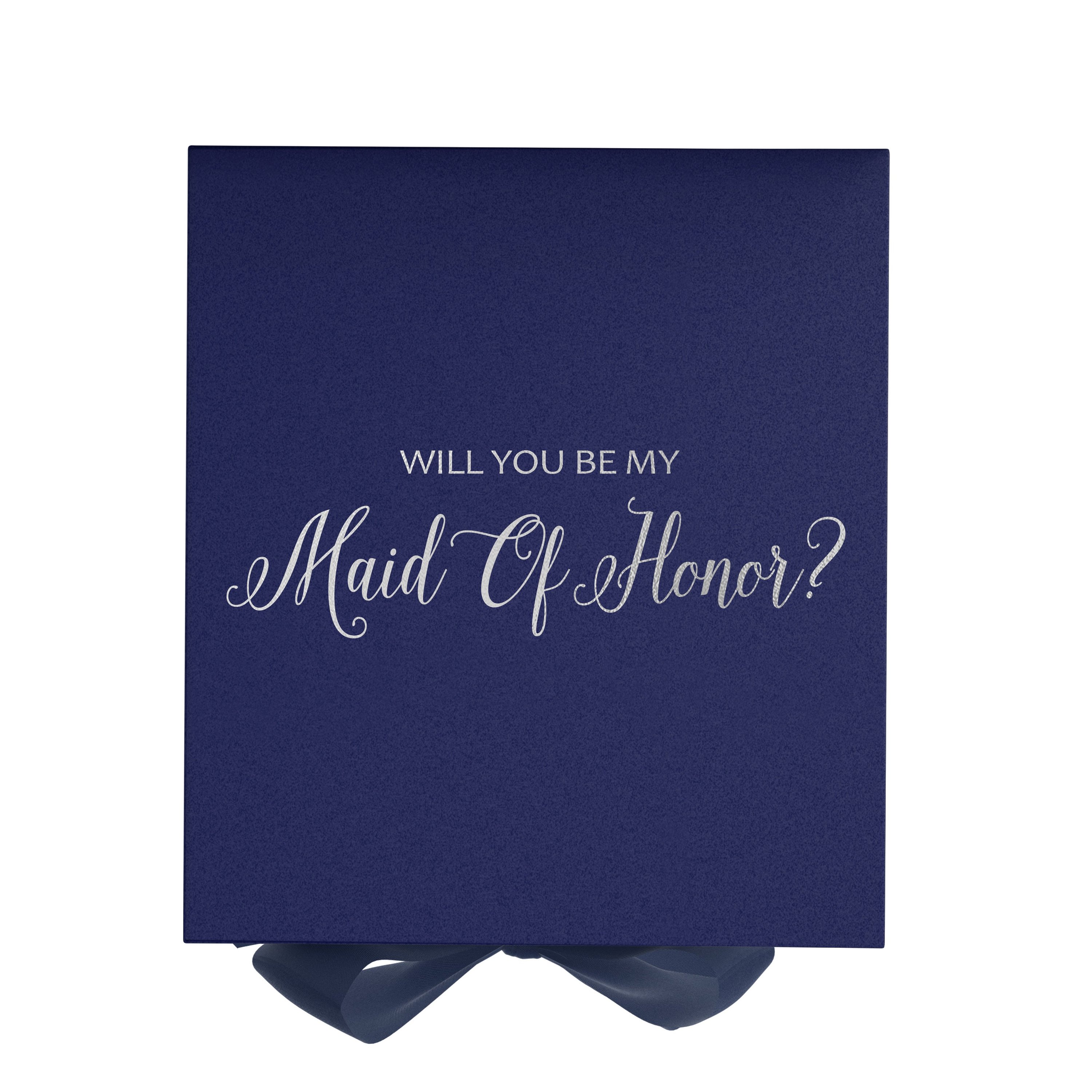 Navy proposal box with metallic writing, featuring a luxurious finish and a navy bow, perfect for asking someone to be your maid of honor.