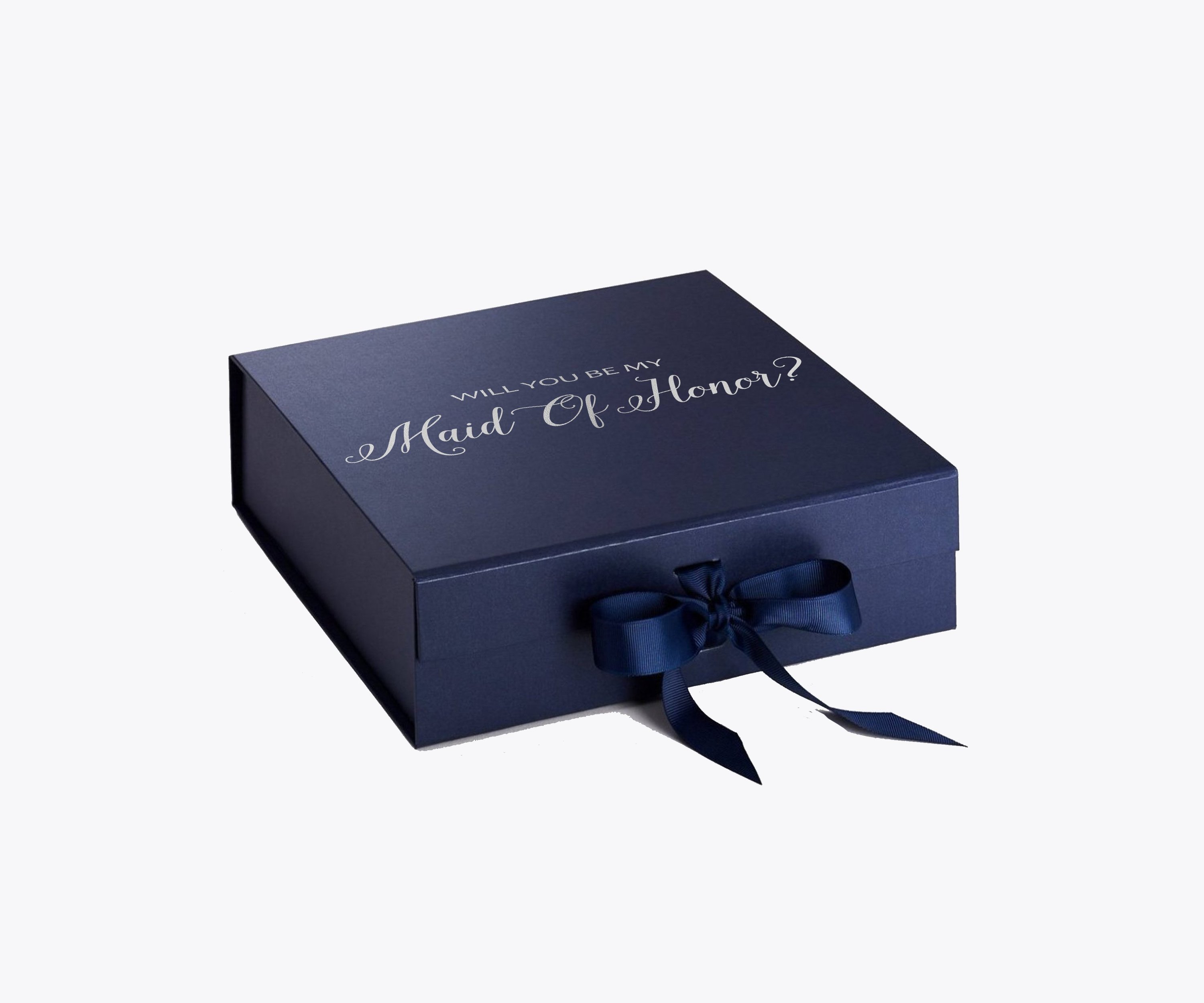 Navy proposal box with metallic writing, featuring a luxurious finish and a navy bow, perfect for asking someone to be your maid of honor.