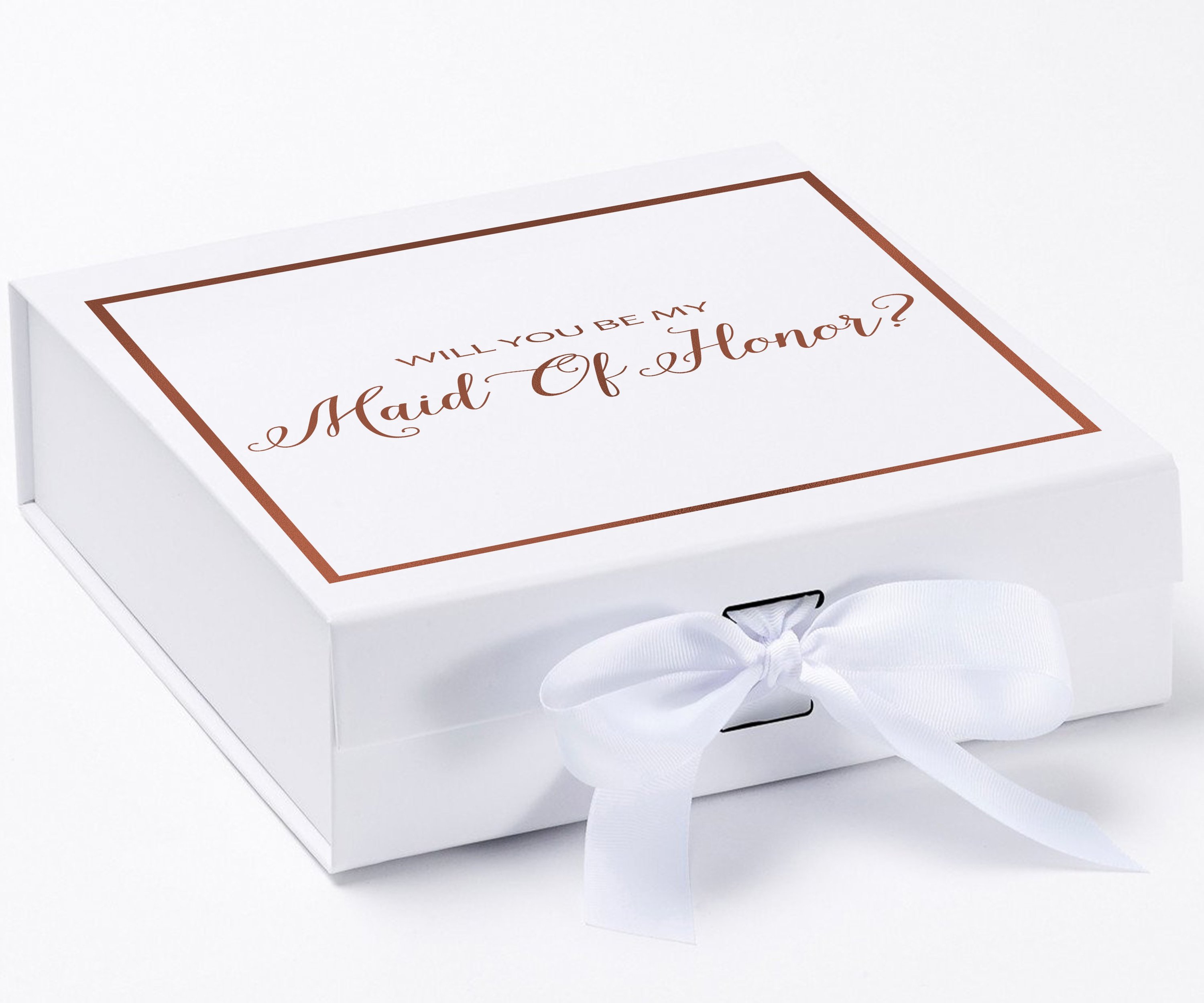 Elegant white maid of honor proposal box with metallic writing and a white bow, showcasing its luxurious design.