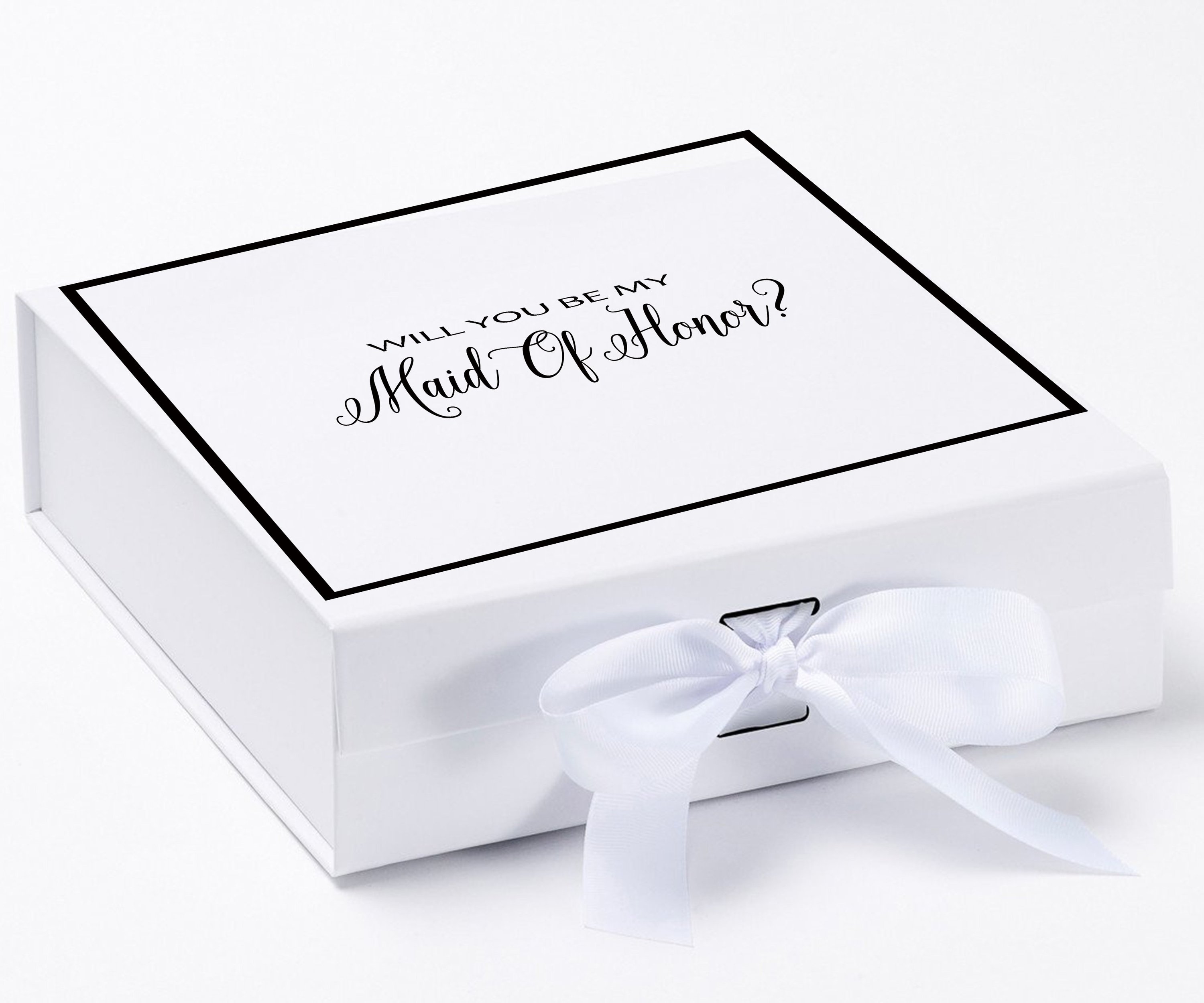 Elegant white maid of honor proposal box with metallic writing and a white bow, showcasing its luxurious design.