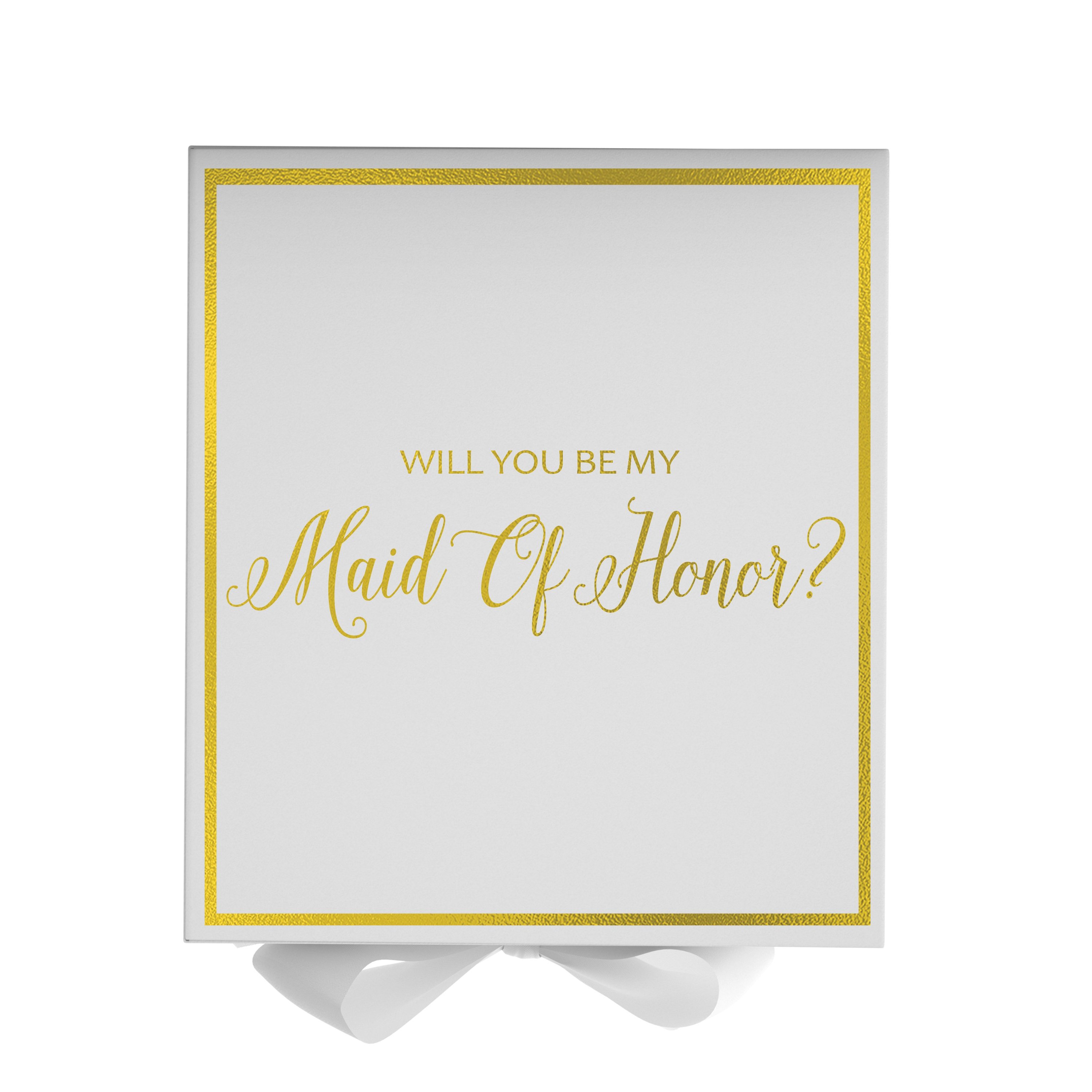 Elegant white maid of honor proposal box with metallic writing and a white bow, showcasing its luxurious design.