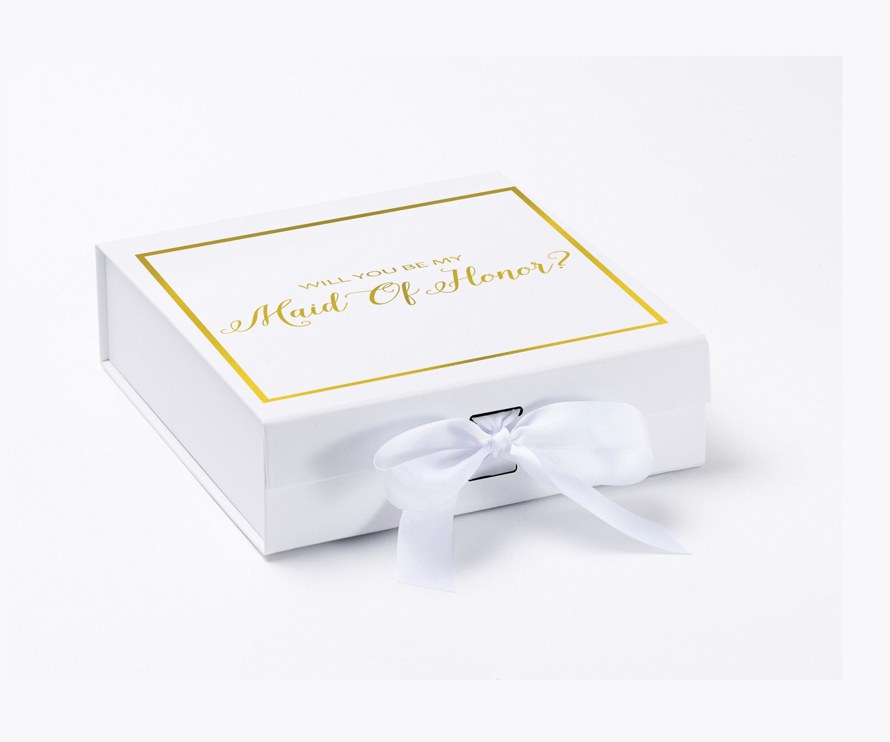 Elegant white maid of honor proposal box with metallic writing and a white bow, showcasing its luxurious design.