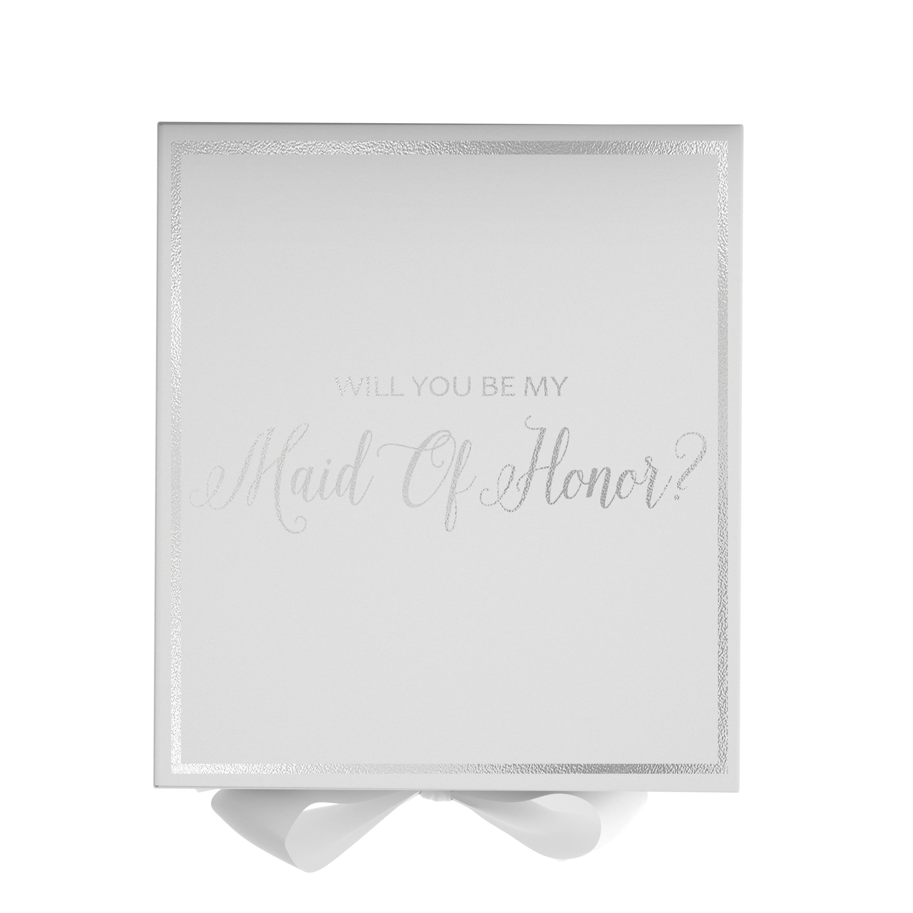 Elegant white maid of honor proposal box with metallic writing and a white bow, showcasing its luxurious design.