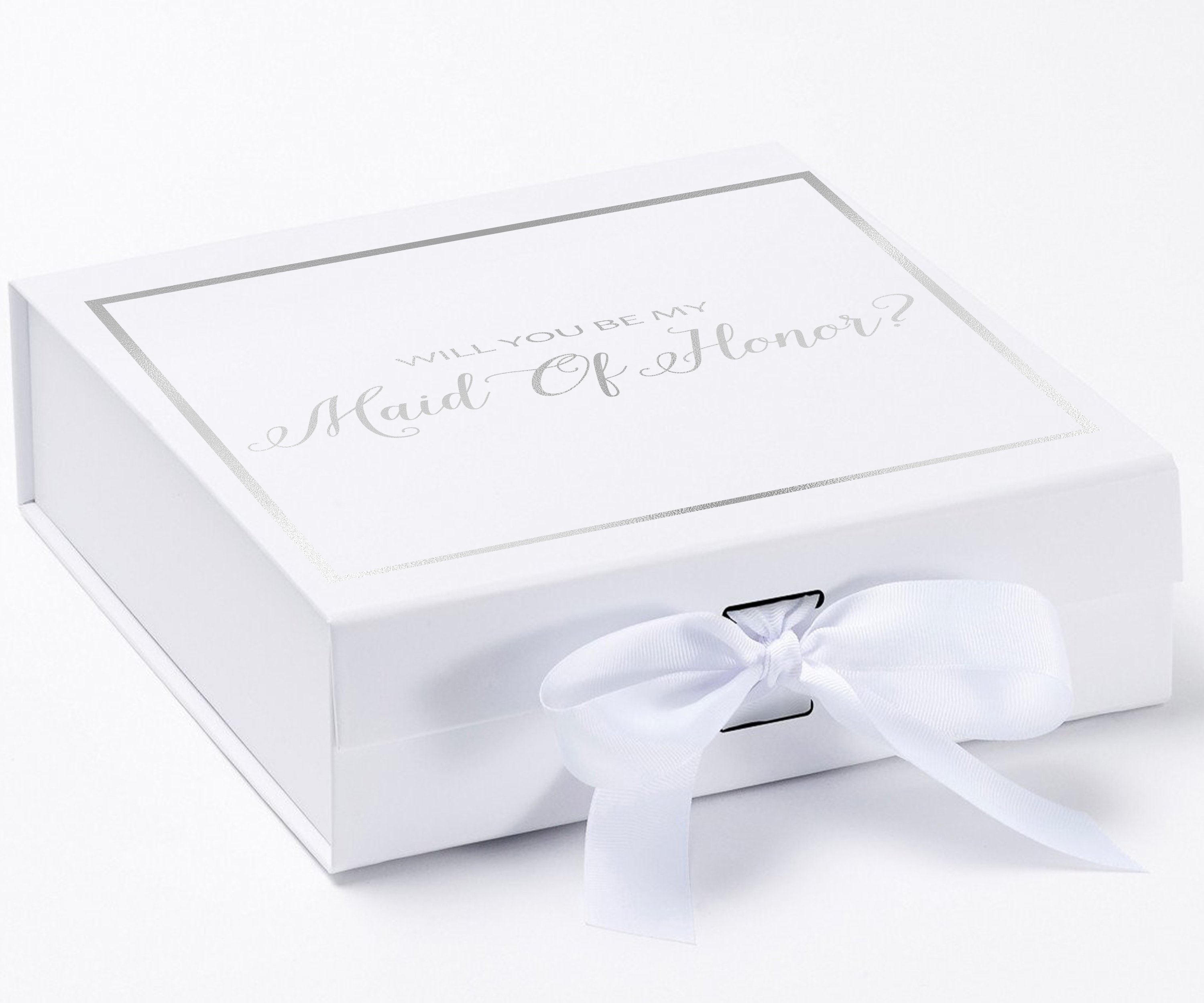 Elegant white maid of honor proposal box with metallic writing and a white bow, showcasing its luxurious design.