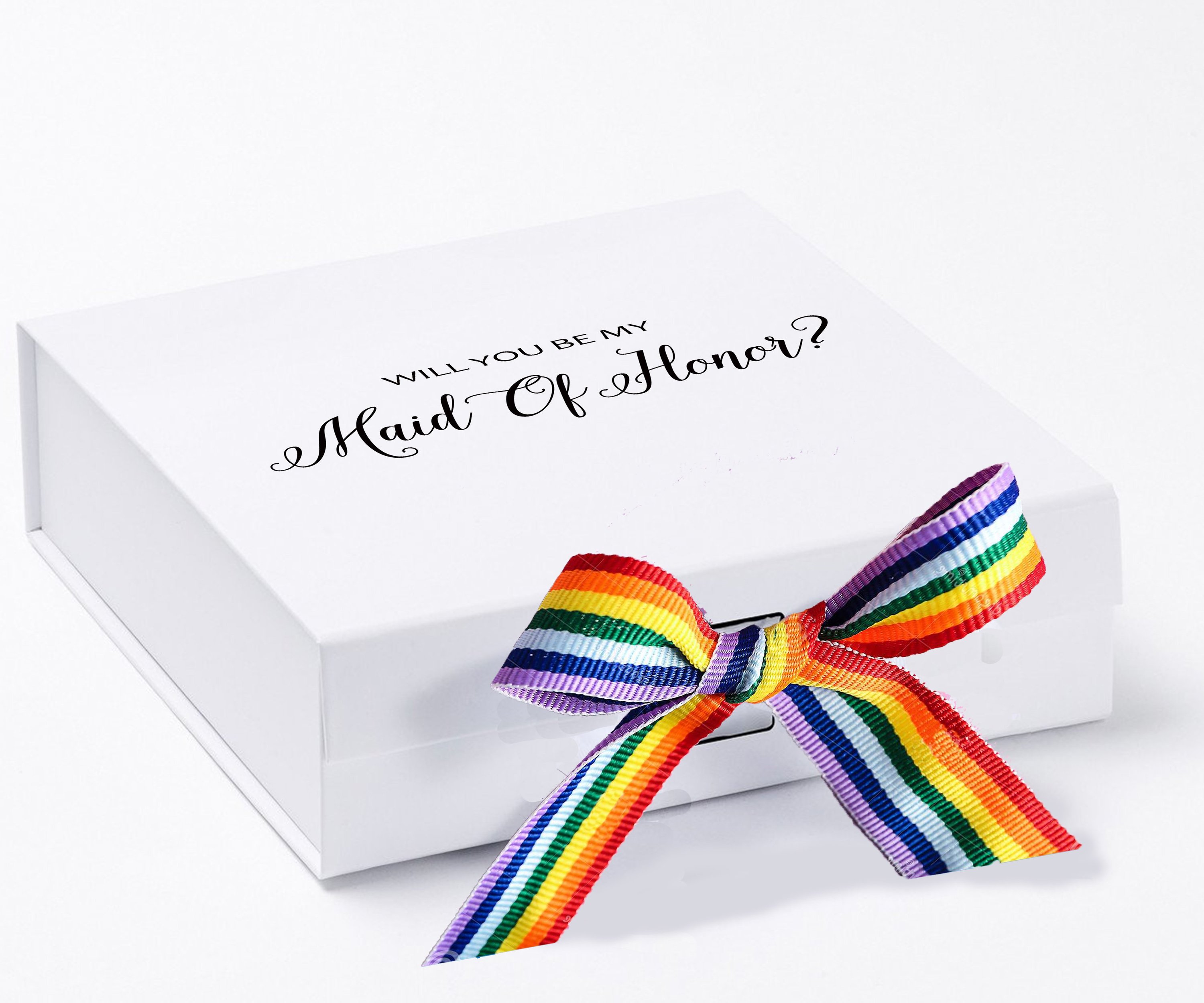 Elegant white proposal box with metallic writing and rainbow bow, perfect for maid of honor proposal.