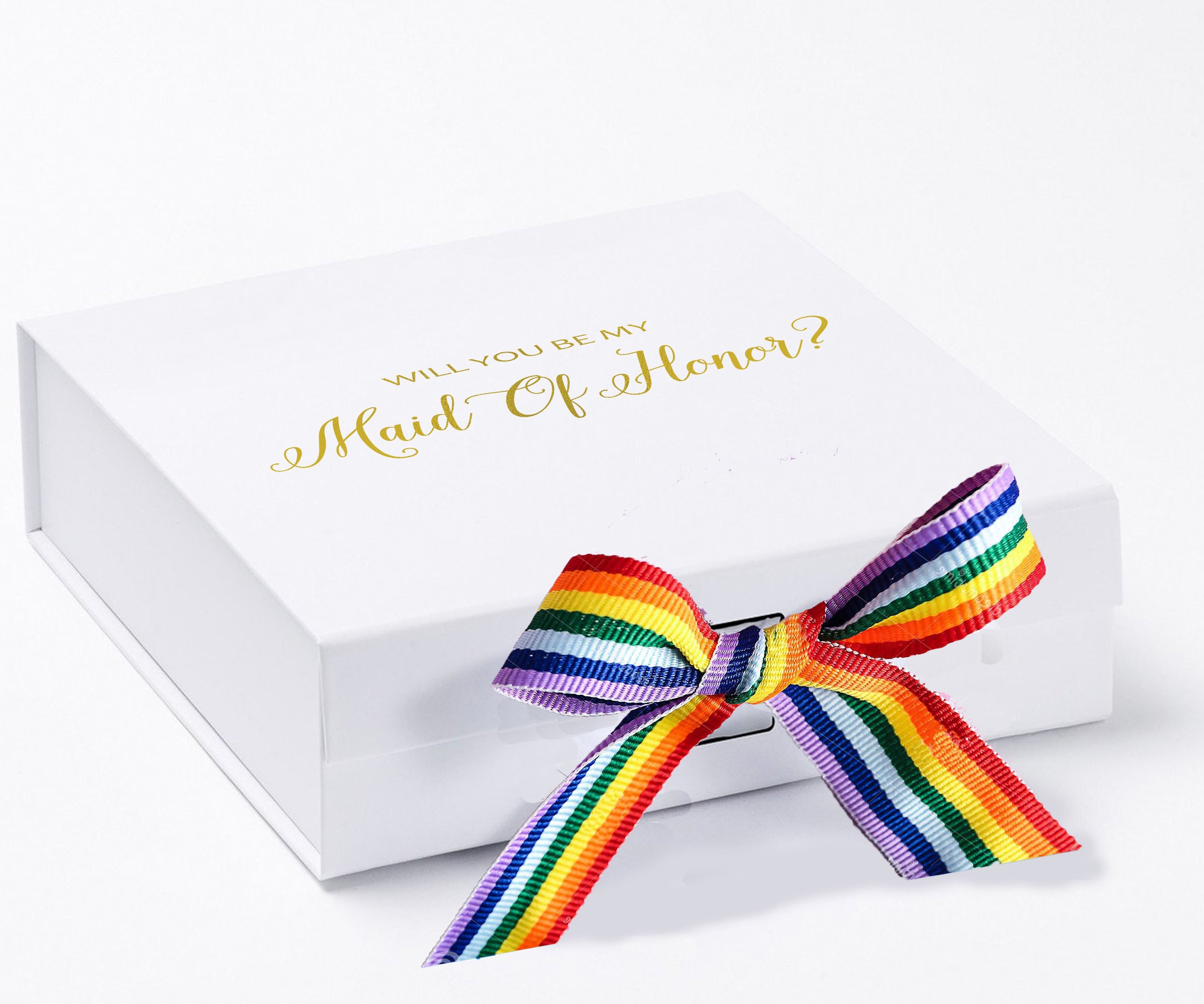 Elegant white proposal box with metallic writing and rainbow bow, perfect for maid of honor proposal.