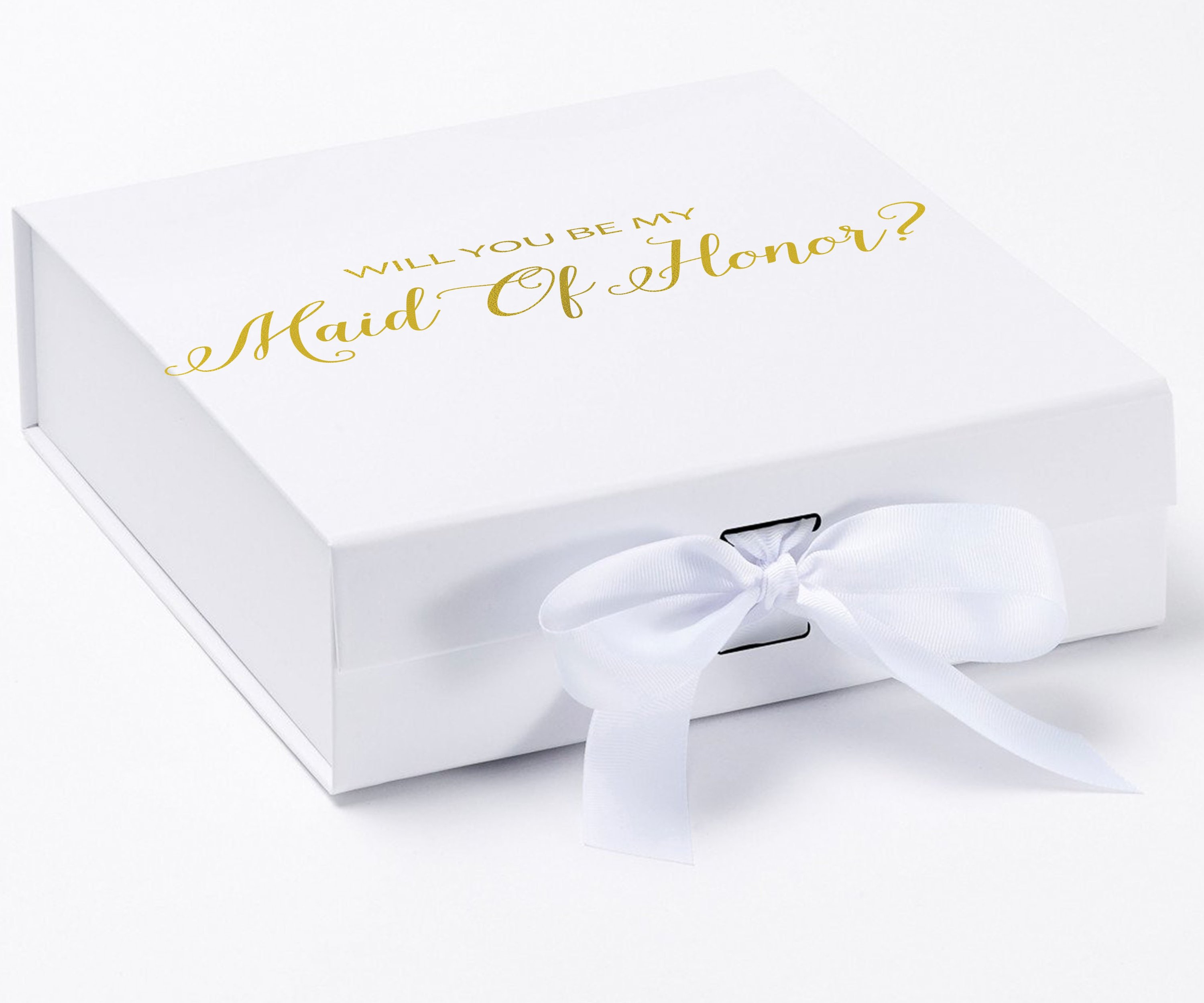 Elegant white maid of honor proposal box with metallic writing and a white bow, showcasing its luxurious design.