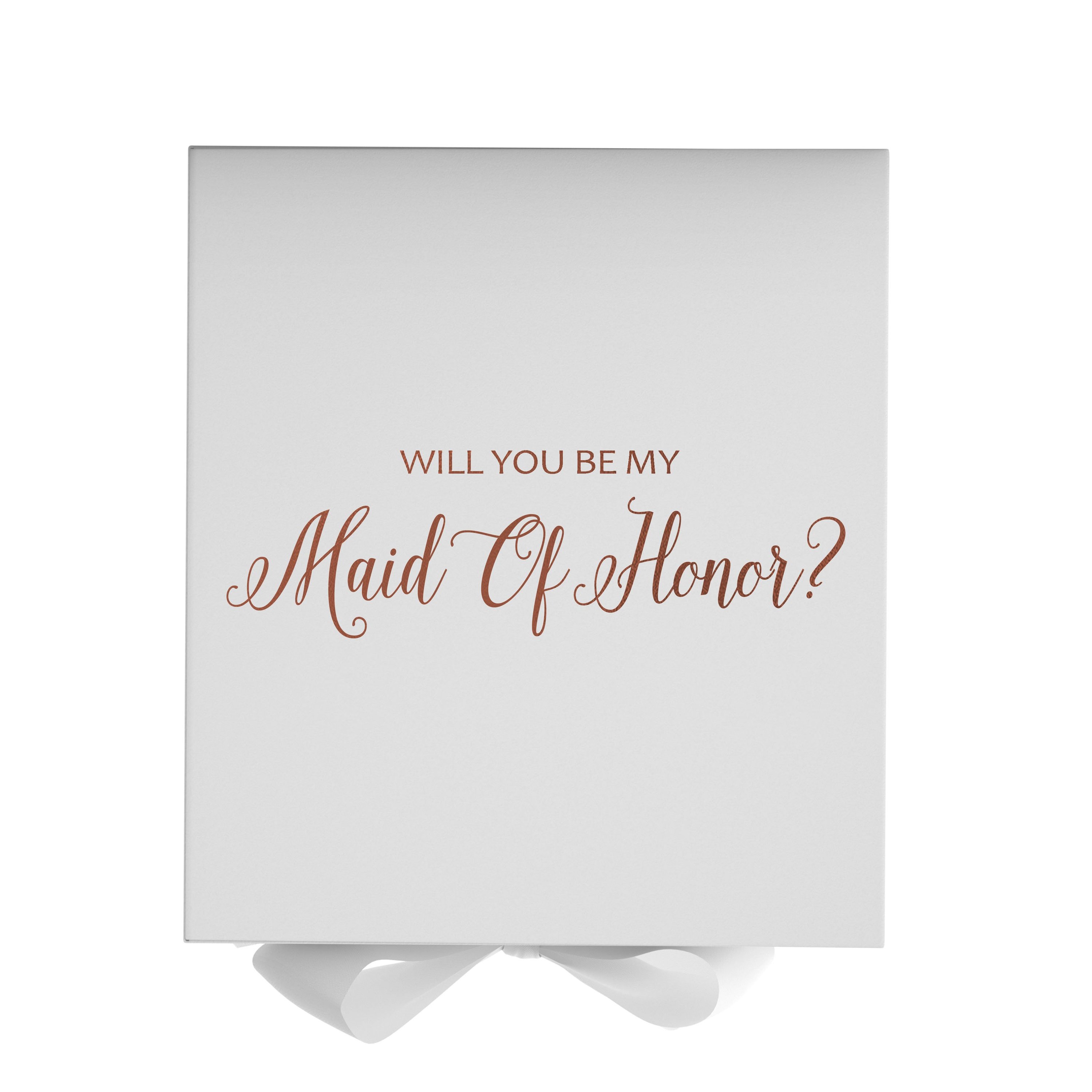 Elegant white maid of honor proposal box with metallic writing and a white bow, showcasing its luxurious design.