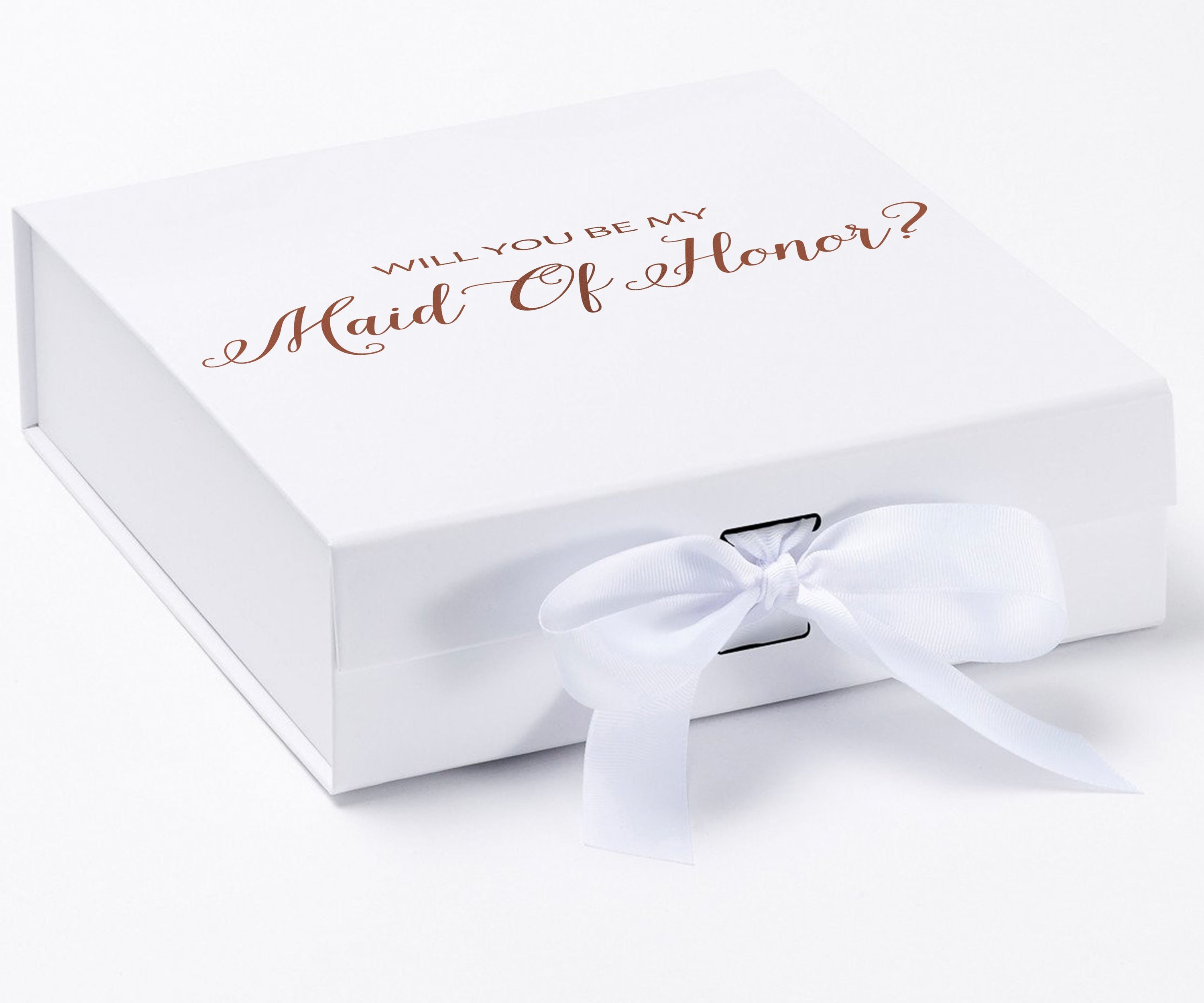 Elegant white maid of honor proposal box with metallic writing and a white bow, showcasing its luxurious design.